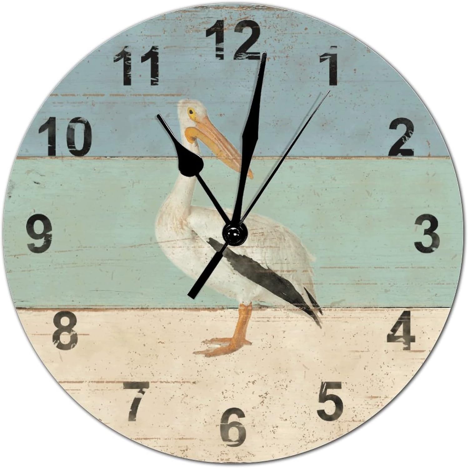 15x15in Country Rustic Style Round Wood Wall Clock Arabic Numerals Wooden Clock Silent Non-Ticking Battery Operated Retro Animal Pelican Farmhouse Clocks for Cottage Living Room Home Wall Decorations