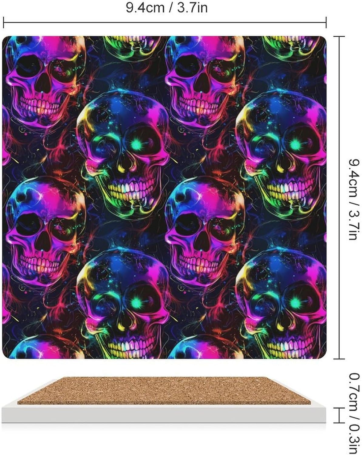 Colorful Glowing Skull Funny Ceramic Coasters for Drink Absorbent Cup Holders Tabletop Protection