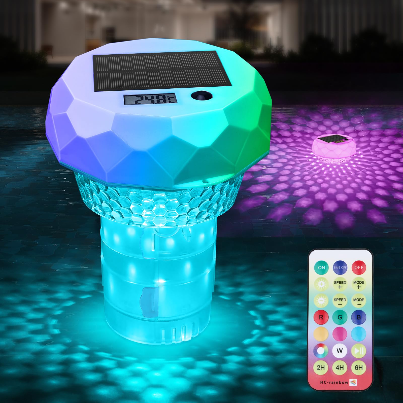 Qoolife Flotador de Cloro con luz Solar y termómetro, dispensador Flotante Ajustable con Mando a Distancia para Piscinas, estanques, spas y bañeras de hidromasaje, Apto para tabletas de 1" y 3"