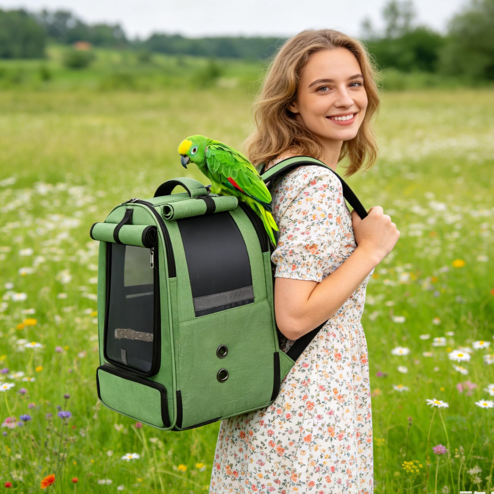 PETCUTE Bolsa de Transporte para Pájaros,Mochila para Pájaros con Percha y 2 Recipientes para Alimentos, Mochila Fácil de Limpiar para Loros, Bolsa de Viaje Portátil para Animales Pequeños,Verde