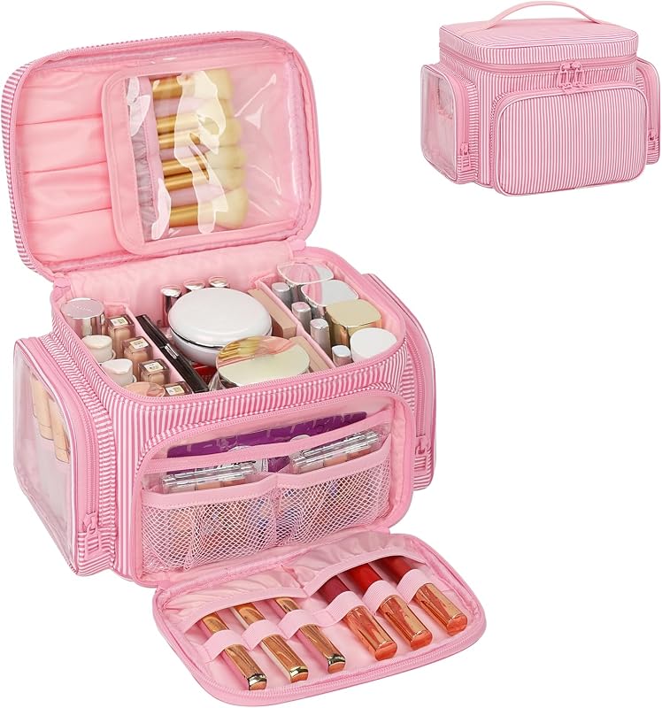 Necessaire para maquiagem Bagmoly retangular com divisórias removíveis, compartimento para pincéis e listras rosa 05-Pink Stripes