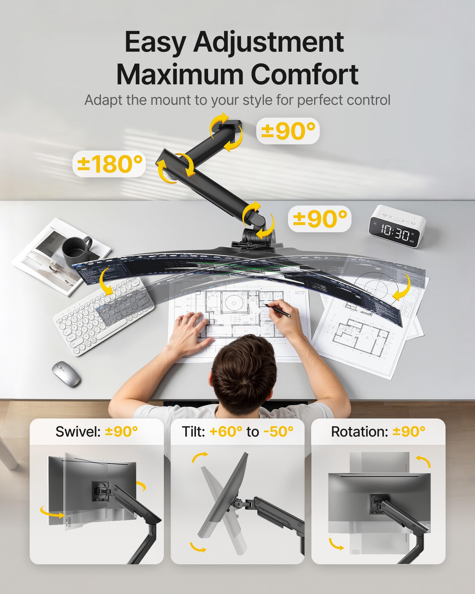 monTEK Support mural simple pour écrans ultra larges de 17 à 57" jusqu'à 27 kg, bras de moniteur à ressort à gaz en aluminium robuste avec réglage de la hauteur, inclinaison/pivotant/levage