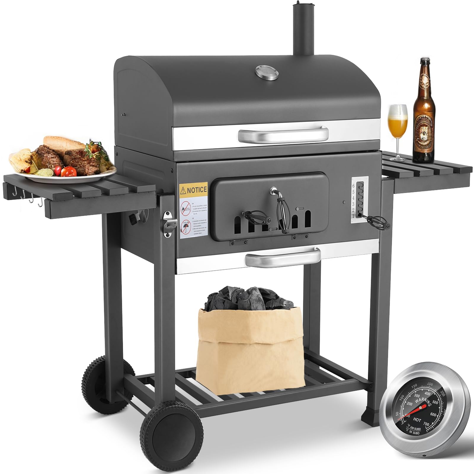 TLSUNNY Barbacoa de Carbon, Parrilla de Carbón XXXL, Barbacoa Carbon con Tapa, 2PCS Ruedas, Termómetro y Chimenea, BBQ Parrilla Grande de Carbón para Jardín y Exterior, Gran Capacidad, Gris