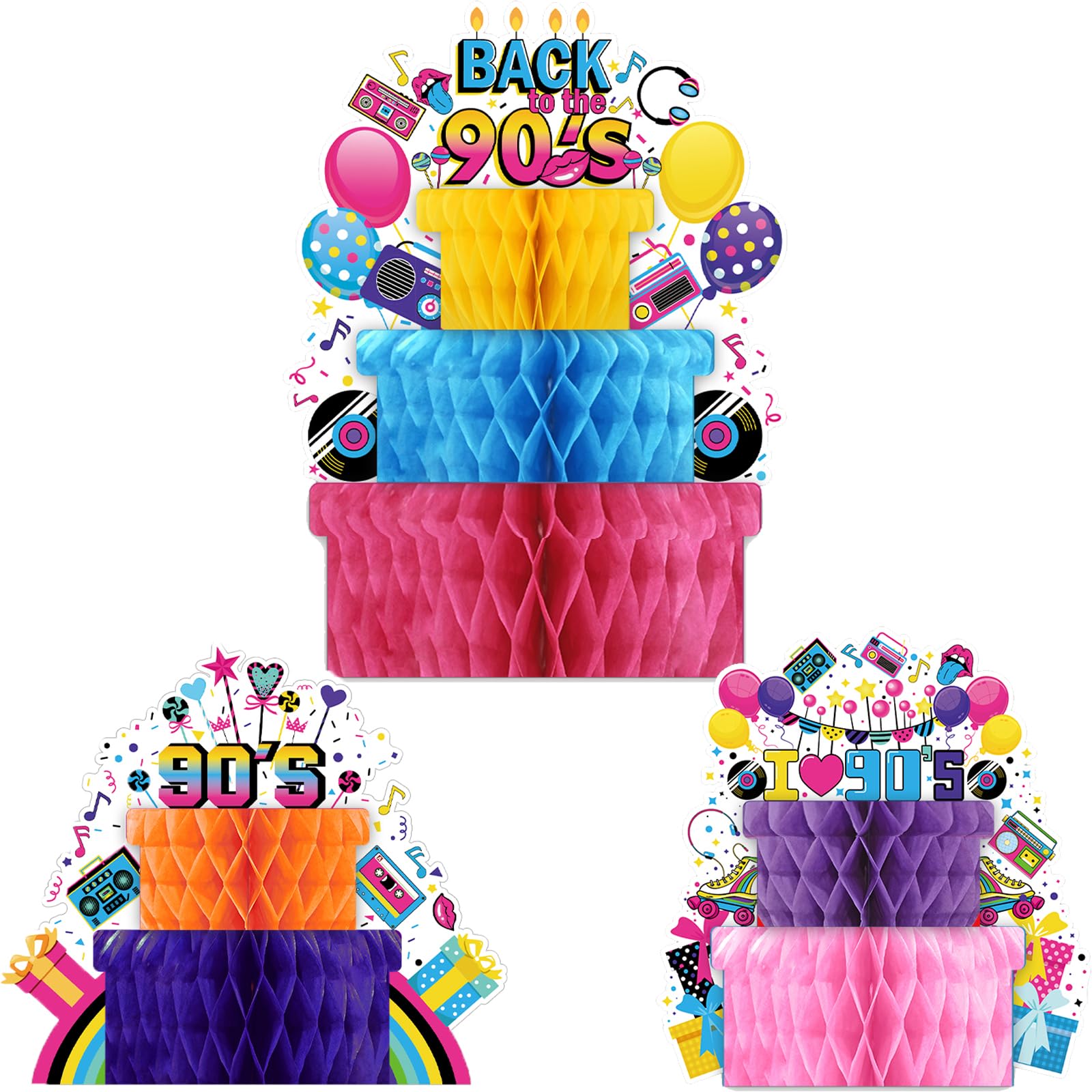 3 Pieces 90s Birthday Party Decorations - Retro Honeycomb Centerpieces, Back to the 90s Table Decoration, Colorful Cake for Themed Nostalgic Party