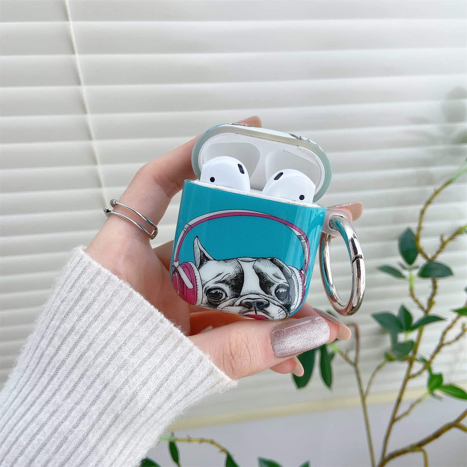 Case for Airpods,TXGOT Cute Unique Luminous Painted Skin Protective Cover Case with Round Keychain for Airpods 2 &1 Wireless Charging Case (Dog Listening to Music)