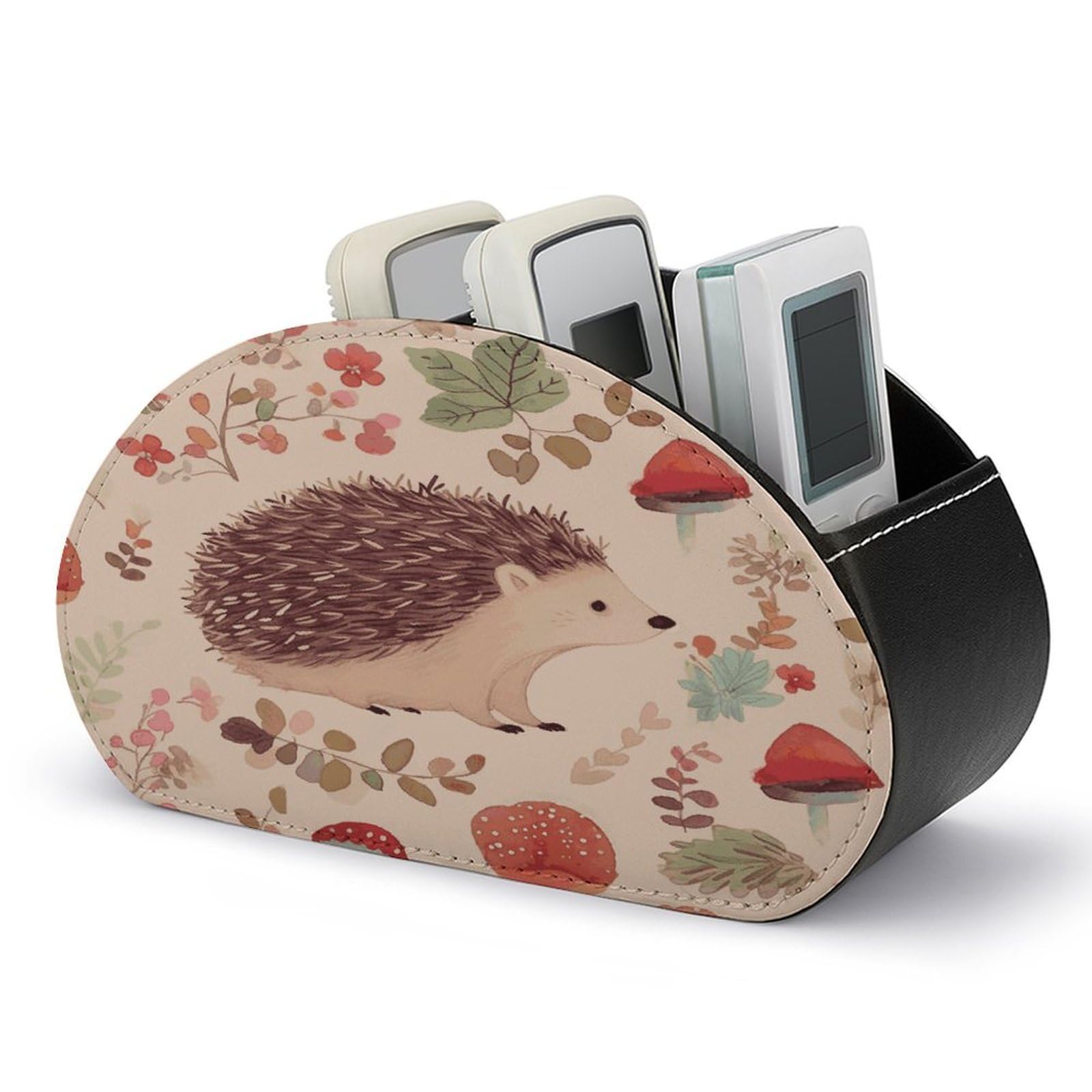VstaDank Lovely Hedgehog Remote Control Holder with 5 Compartments PU Leather Remote Caddy Desktop Organizer Store TV Remote Control Storage Box for Home Office Desk Nightstand