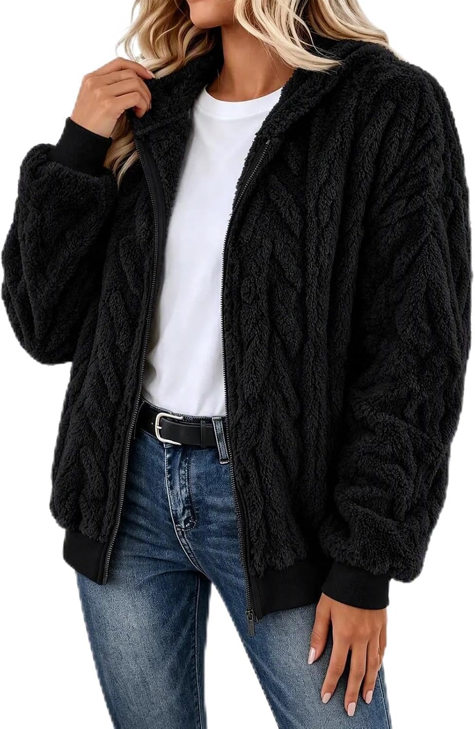 Women's Textured Fleece Jacket Zip Up Fluffy Winter Outerwear