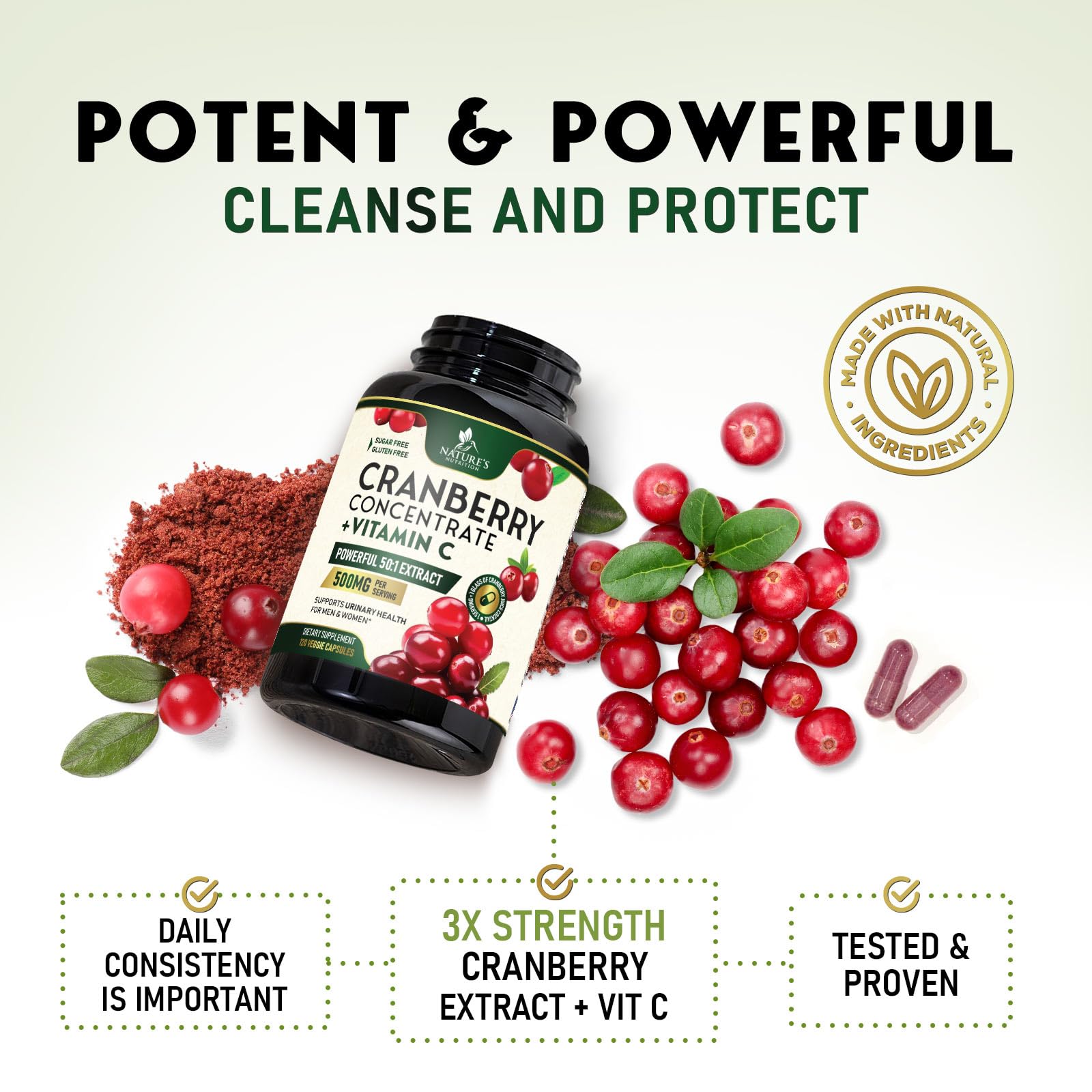 Cranberry Pills for Women & Men - 500mg Cranberry Extract Supplement & High Potency Vitamin C - 3x Strength Urinary Tract Health & Bladder Support - Vegan, Gluten Free - Bottled in USA - 120 Capsules — Amazon image 6