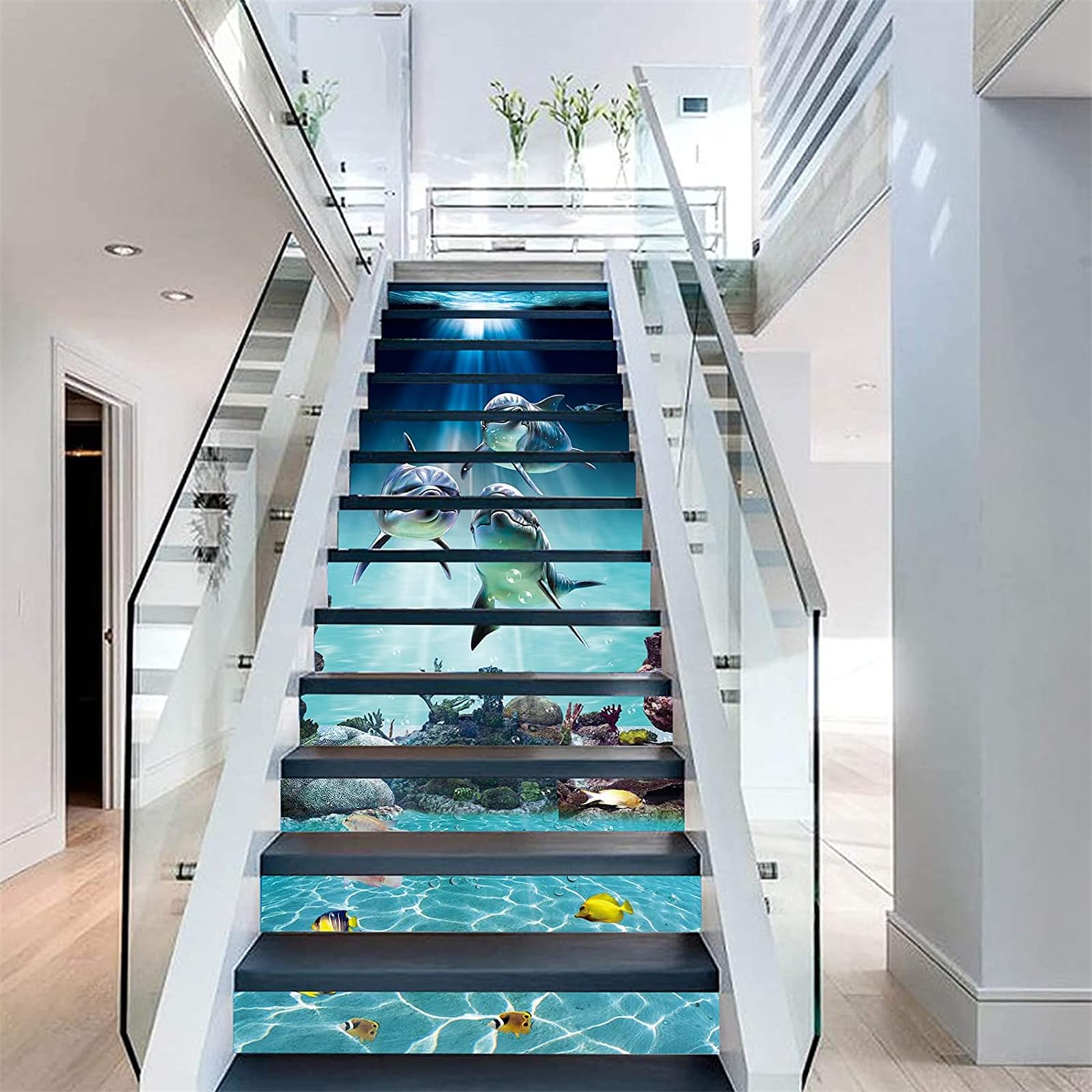 FLFK 15 Stück Treppen Aufkleber –3D Sonnenschein unter Meer Delfine zumabziehen und aufkleben Treppenaufkleber für Treppenstufen Heim Büro Dekor 39.37 "x7.09"