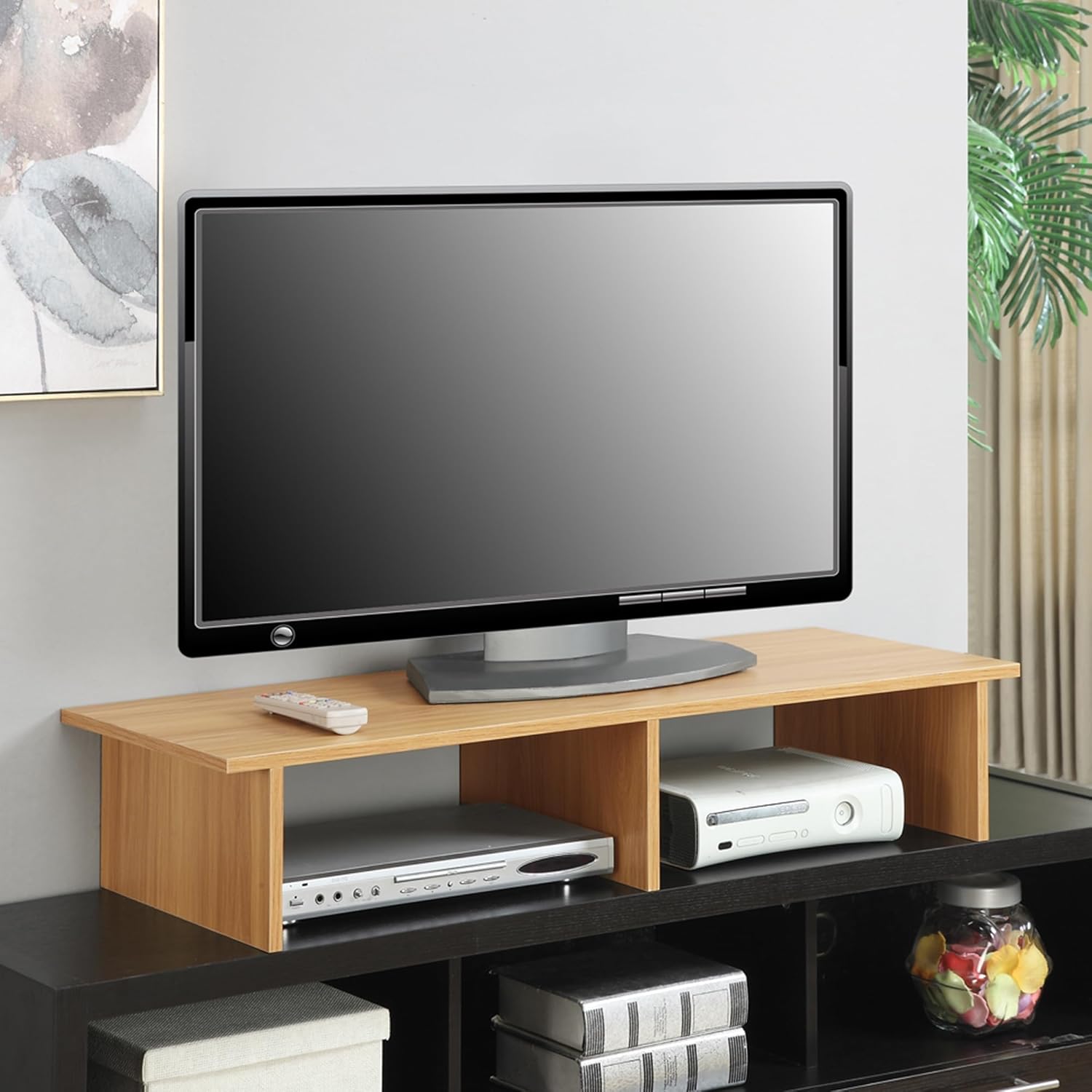 Pemberly Row Large TV-Monitor Riser, 42" W x 15.75" D x 8" H, Light Oak Wood Finish, Particle Board with Melamine Veneer, Support Bar Included, Home Entertainment or Office Display Stand