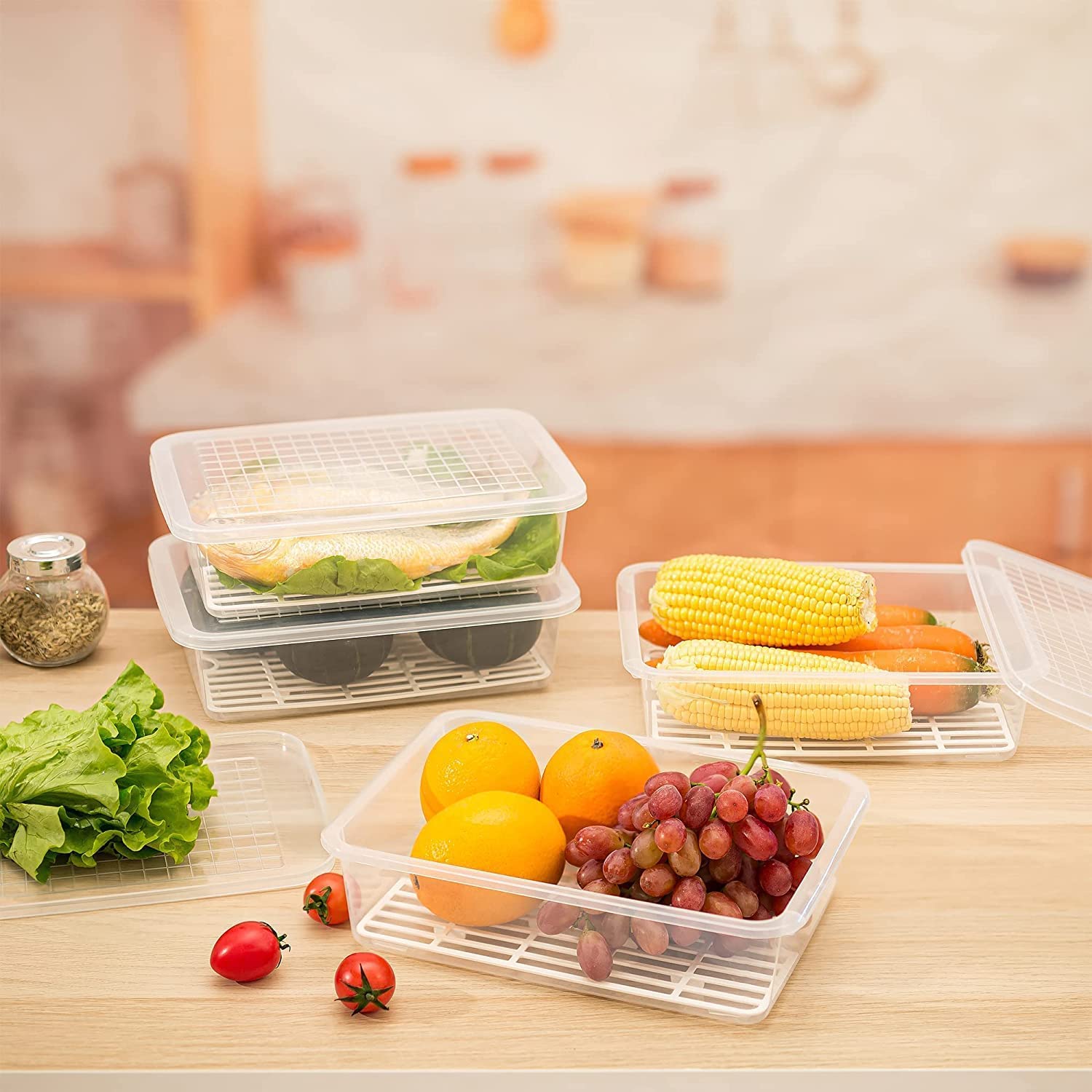 Raawan Cajas de almacenamiento para refrigerador (paquete de 6), organizador de refrigerador con placa de drenaje extraíble y tapa, bandeja de almacenamiento portátil apilable para mantener fresco