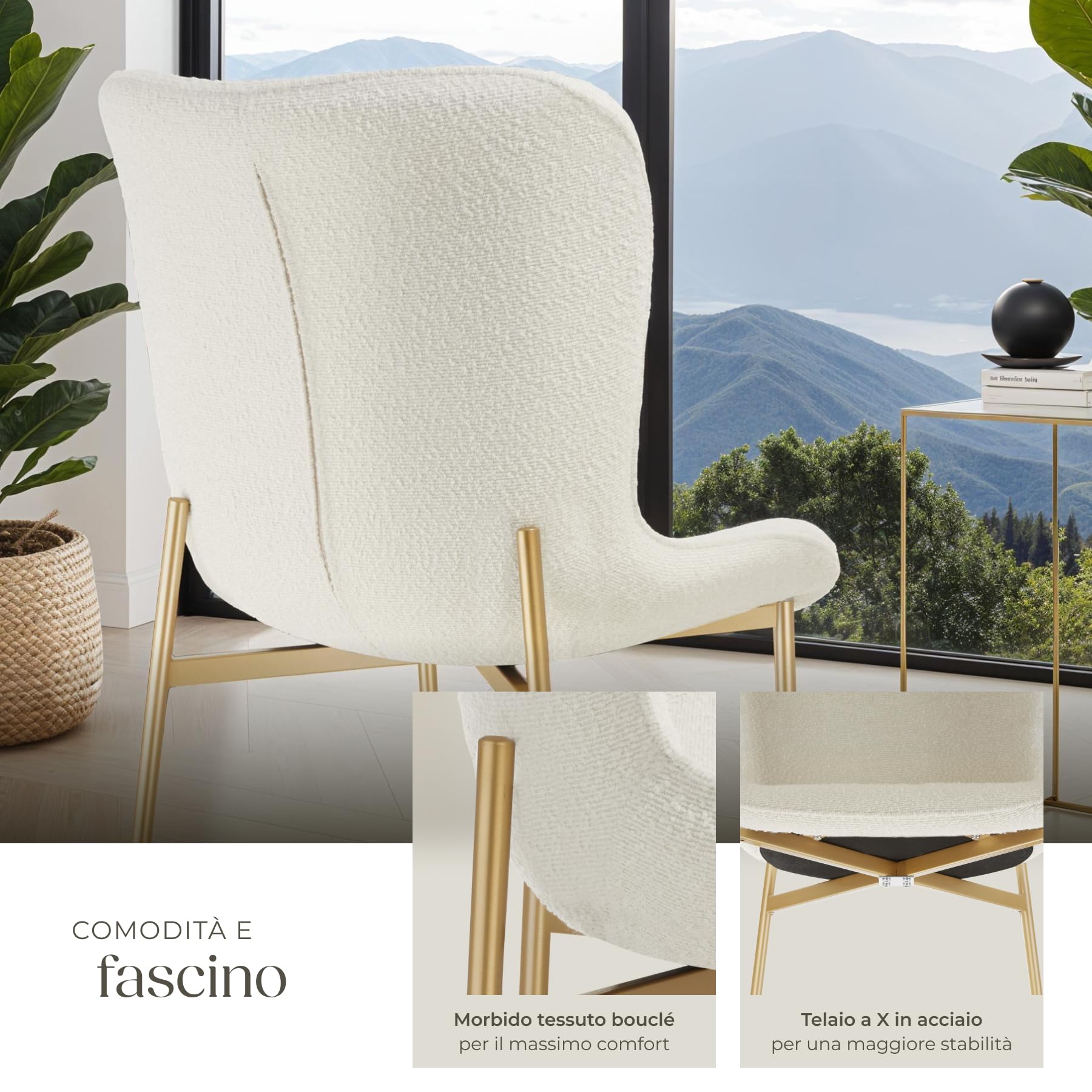 tectake® Poltrona in Stile Scandinavo, Seduta Ergonomica, Gambe in Acciaio, Cappucci Antiscivolo, Sedia Sala da Pranzo, Cucina, Sedia Soggiorno - Bouclé Bianco/Oro