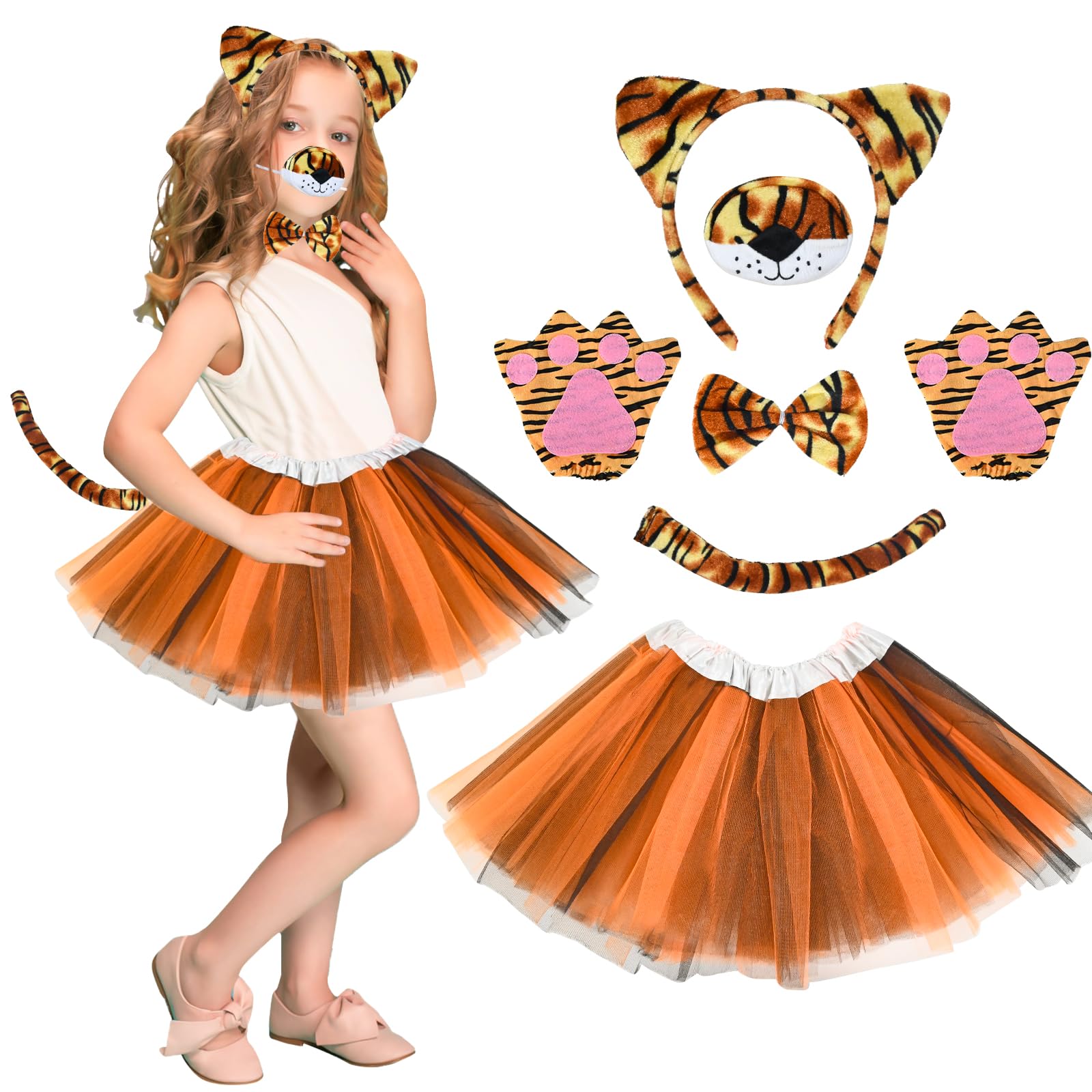 FORMIZON 7 Piezas Disfraz Tigre Niños, Disfraces de Tigre para Niña, Tigre Diadema Cola Nariz Lazo Garras Guantes Tutú Falda Set, Disfraces Accesorios de Animal para Niño Carnaval Cosplay