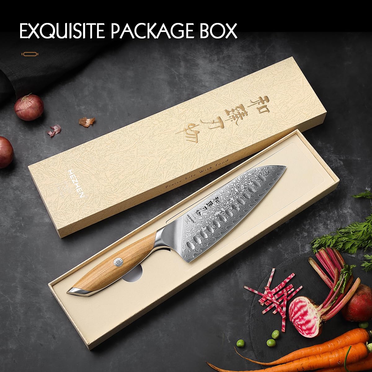 HEZHEN Couteau de Santoku Damas, Style Japonais en Acier Damas 73 Couches, Cuchillo de Damasco Manche Ergonomique en Bois D'olivier
