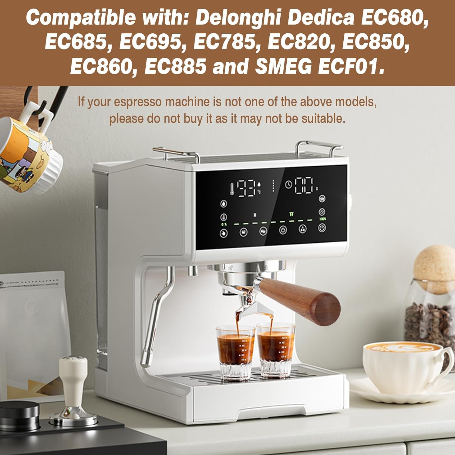 51mm Siebträger für DeLonghi Dedica EC680/EC685, doppelte Ausgüsse, inkl. 1 Filterkorb aus Edelstahl, Puck-Sieb und roter Säureholz-Griff