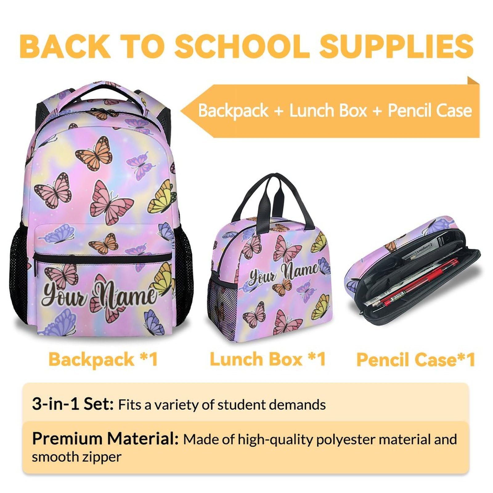 Mochila para niños para la escuela, mochila negra de 16 pulgadas para niñas, niños, bonita bolsa de libros de mariposa para primaria