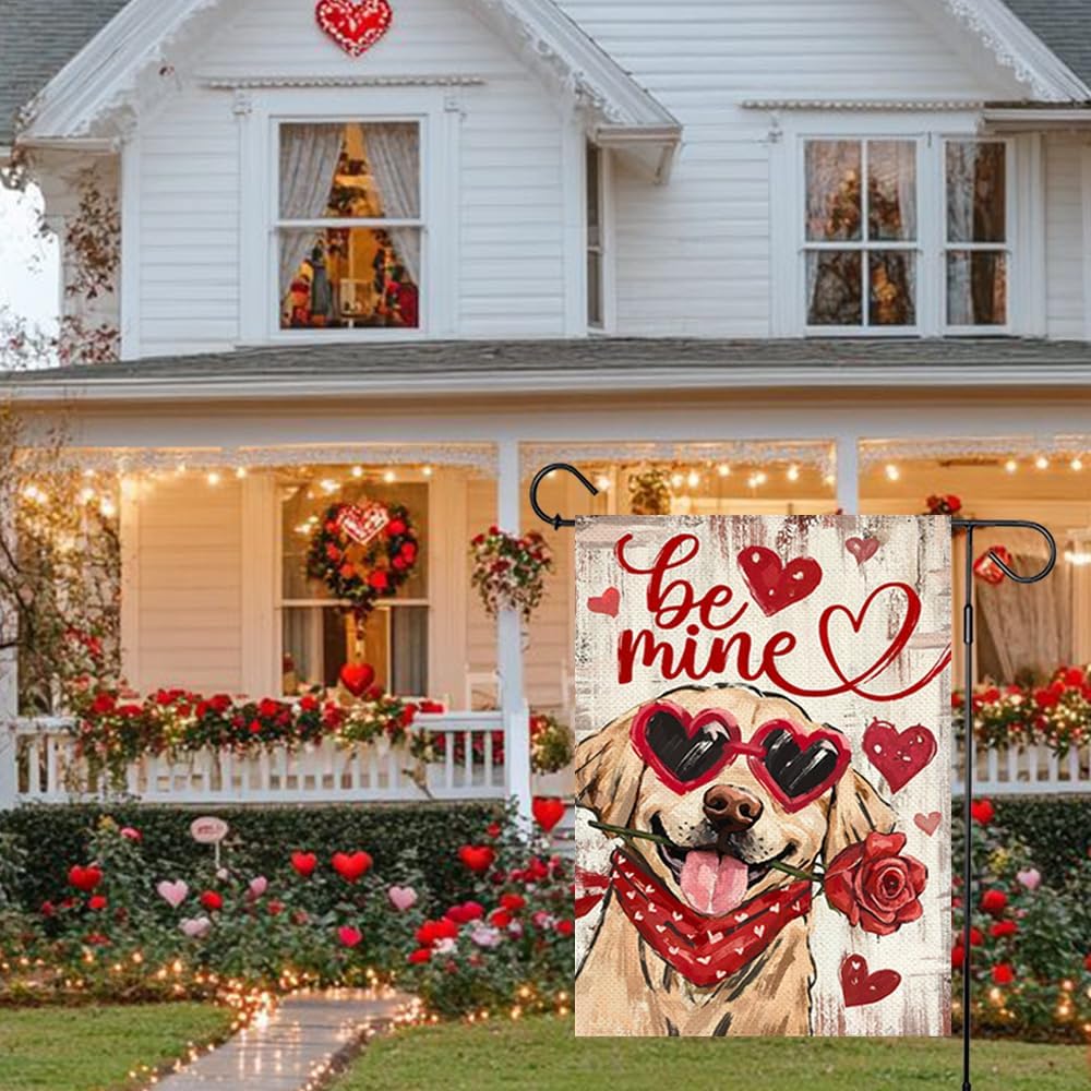 Valentines Day Garden Flag 12x18 Inch Double Sided Outside Small, Be Mine Golden Retriever Love Hearts Rose Holiday Yard Porch Rustic Dog Outdoor Flag Anniversary Wedding Decoration - Image 7