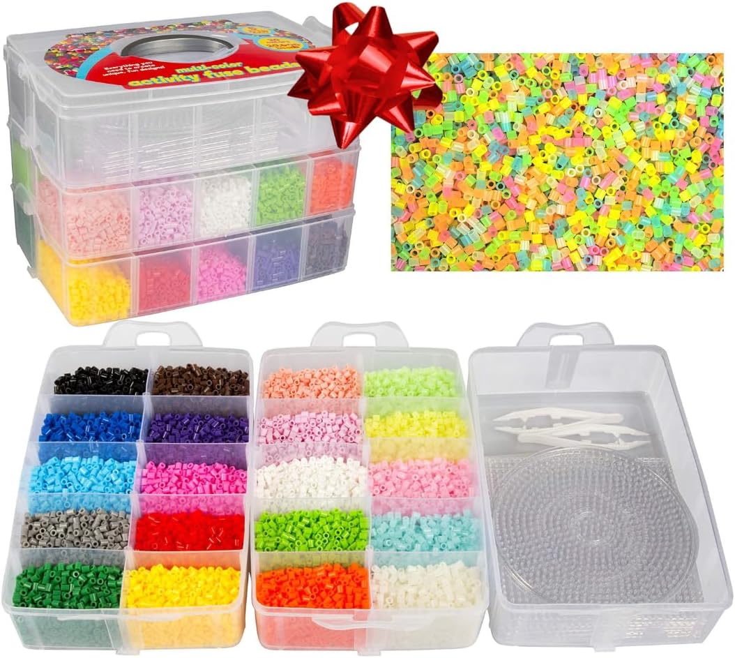 Fuse Beads 20,000 Bulk Creativity Builder Kit- 20 Presorted Muli Colors (5 Glow Dark) w Tweezers, Peg Boards, Melt Ironing Paper, Case - Works with Perler, Pixel Art Craft Project, Kids Summer Camp