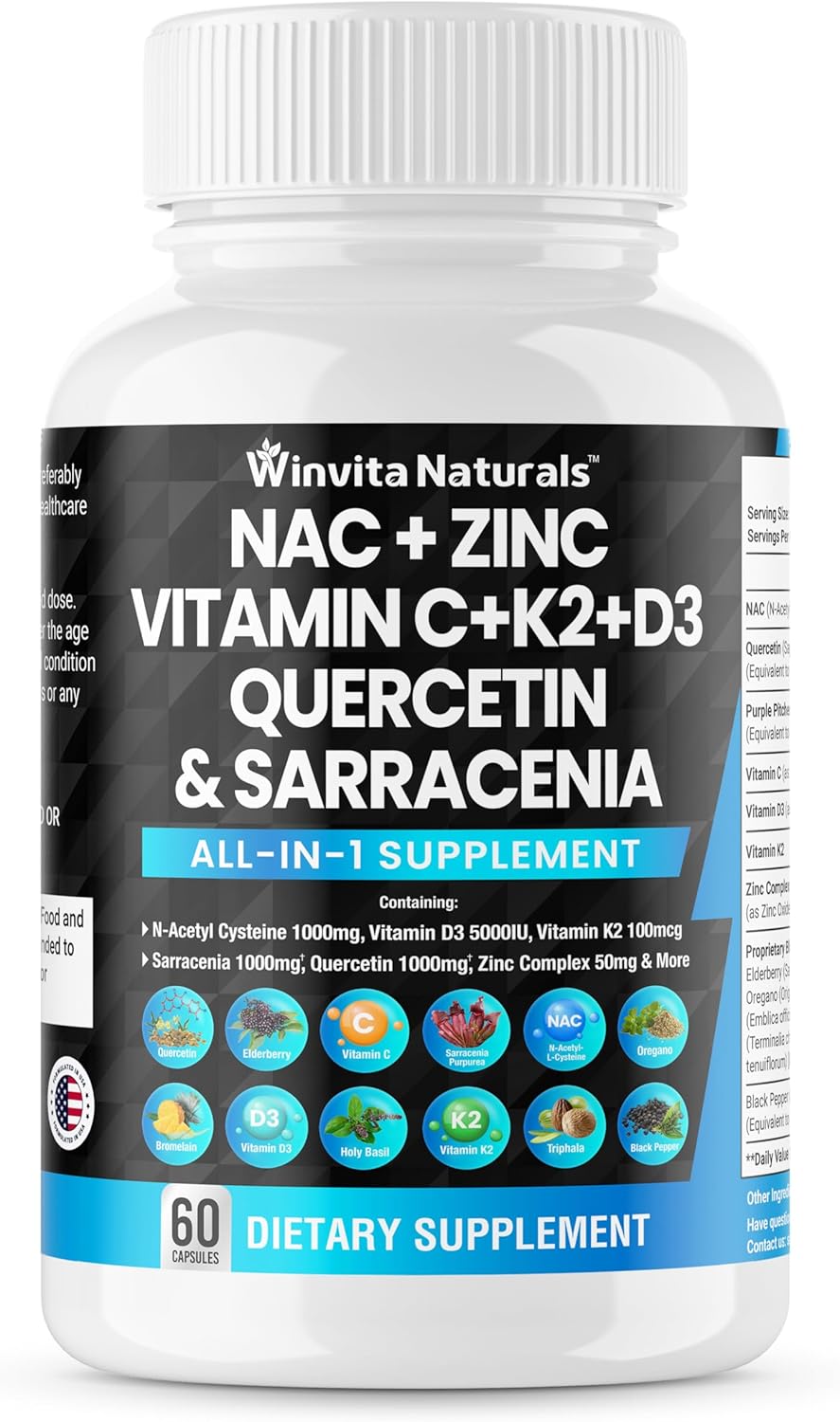 NAC Supplement N-Acetyl Cysteine 1000mg Vitamin C Vitamin D3 K2, Zinc, Sarracenia Purpurea 1000mg Quercetin 1000mg with L-Lysine, Elderberry, Holy Basil, Bee Propolis Bromelain Vegan Capsules USA