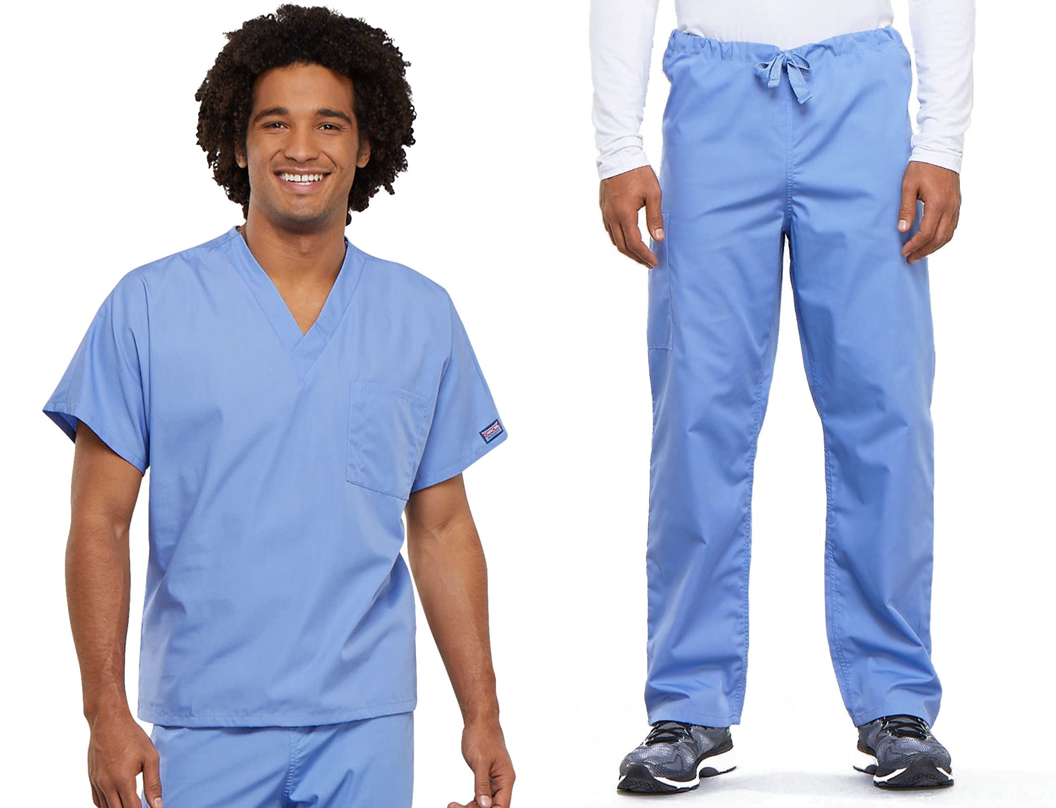 Cherokee Conjunto de uniforme médico para hombres y mujeres de, ajuste tradicional cuello en V 4777 con cordón de tiro natural pantalón cargo 4100, Ciel - S Top/M Pant