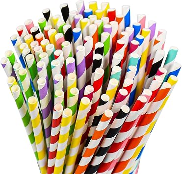 [100 Counts] 7.75 Inch Colorful Striped Disposable Paper Drinking Straws, 10 Assorted Colors, Compostable - for Cocktail, Party, Cake Pops, Crafts