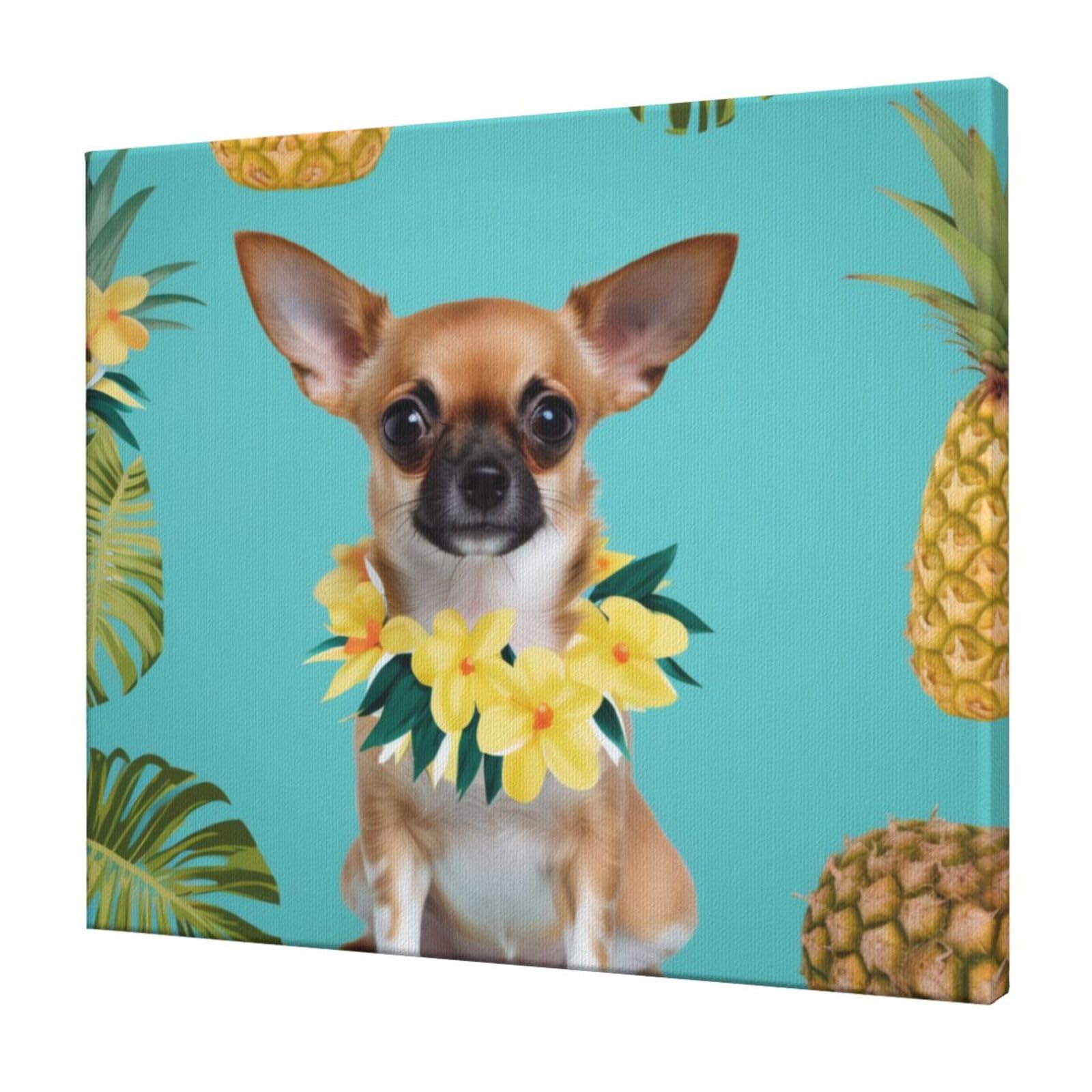 YKLJG Chihuahua Dog Pineapple Printed Wall Art Canvas Prints 60x50 CM Wooden Framed Picture Painting Artwork for Bedroom Kitchen Home Office Decor