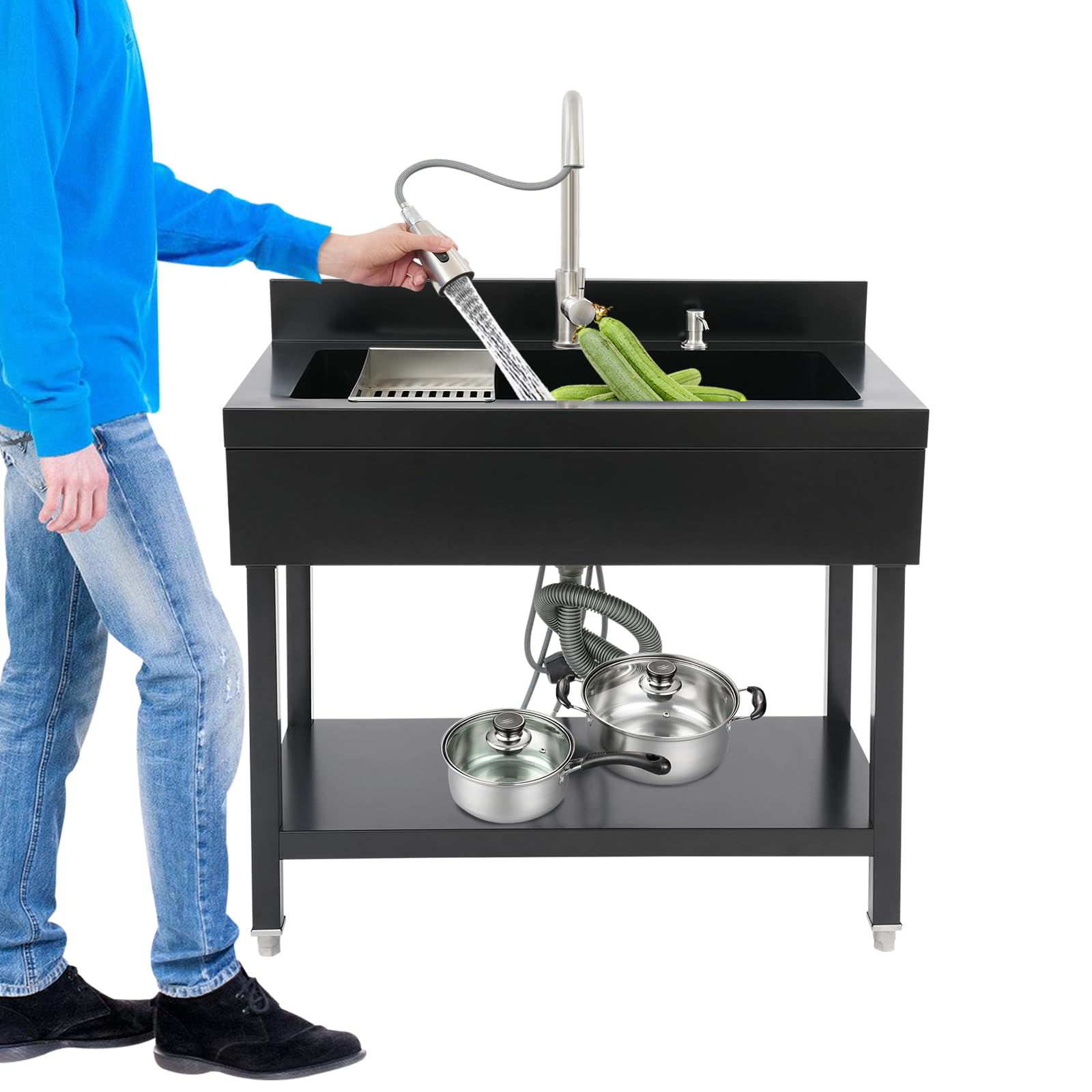 Fregadero de cocina independiente de acero inoxidable, 90 x 60 x 90 cm, fregadero individual extragrande, fregadero comercial con grifo extraíble y escurridor para lavandería, restaurantes (negro)