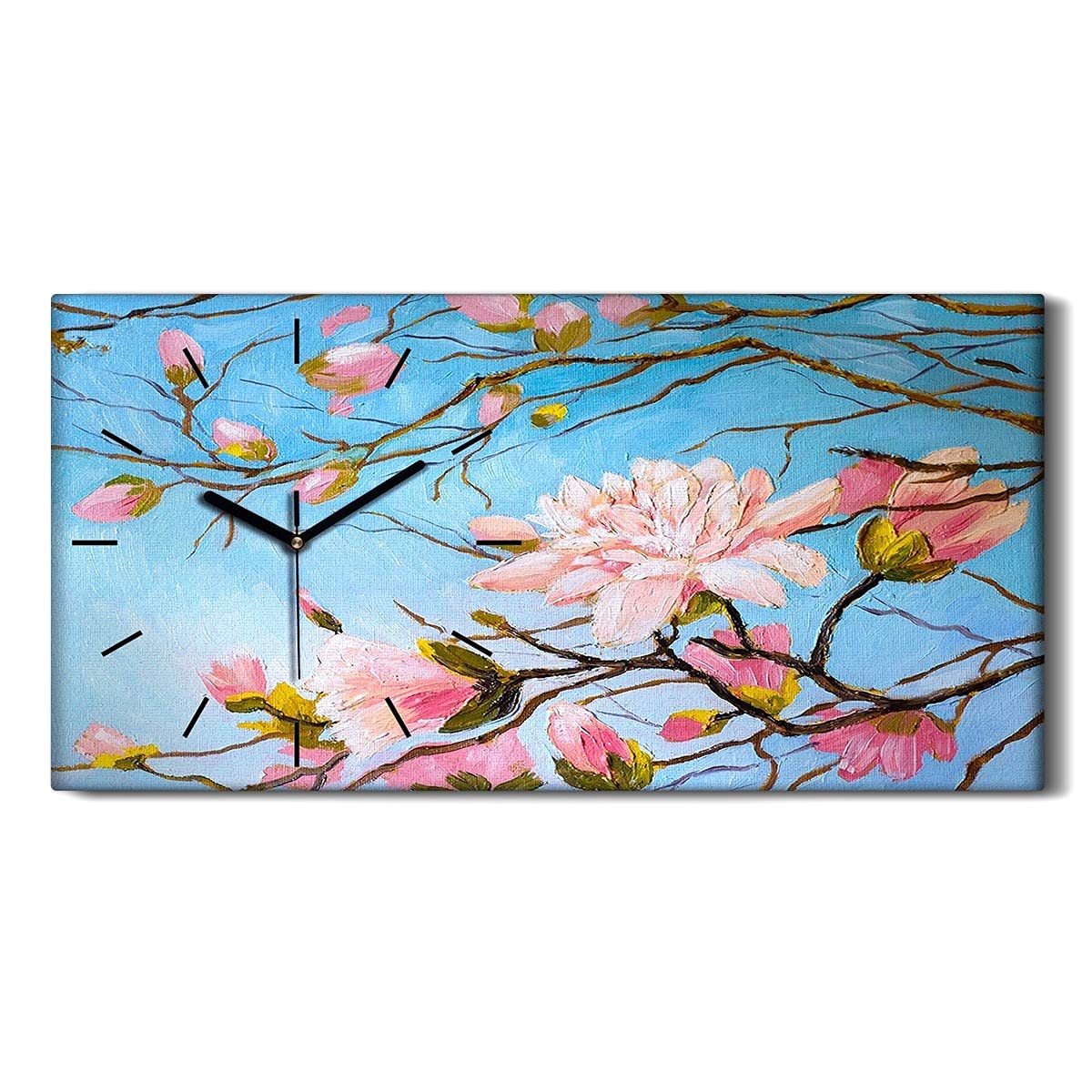 Horloge sur Toile 60x30cm Branches Fleurs Nature Art Moderne avec Mains Noires