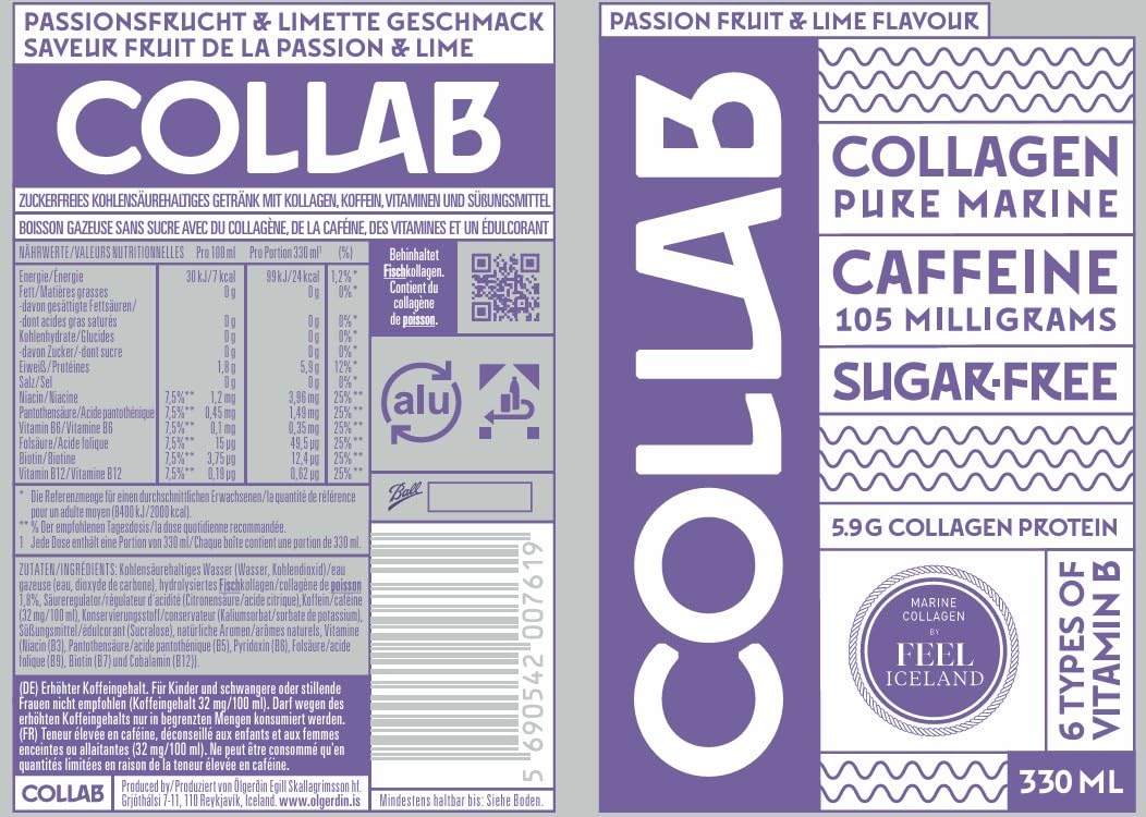 COLLAB Passionfruit & Lime – Zuckerfreies isländisches Erfrischungsgetränk mit marinem Kollagen und natürlichem Koffein – 24er Palette Dosen (24 x 330 ml)