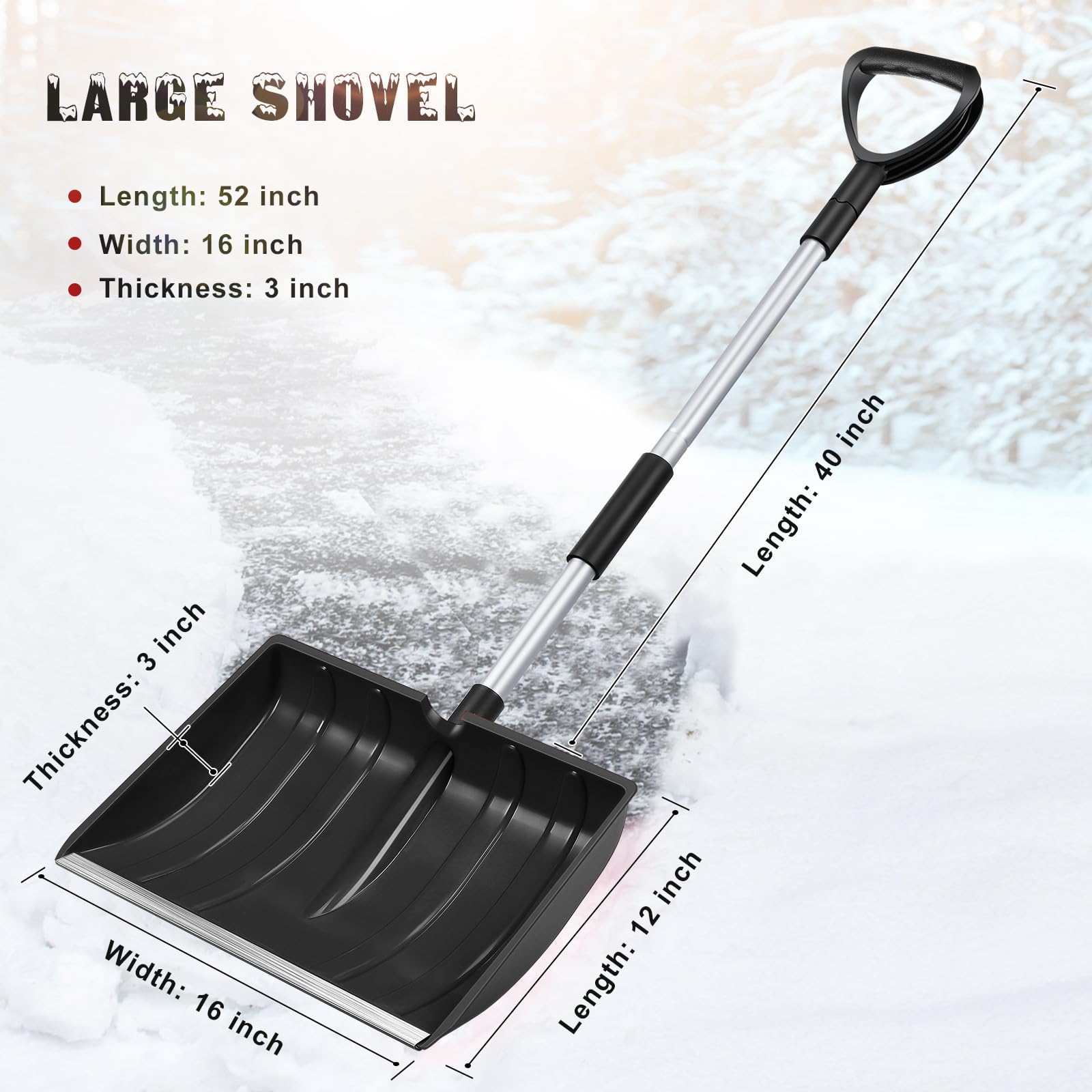 Luxshiny Pala da Neve con Manico Regolabile d Ergonomico, Capacità Ampia in Alluminio e Pp Resistente, per Rimuovere Neve e Ghiaccio da Strada e Giardino