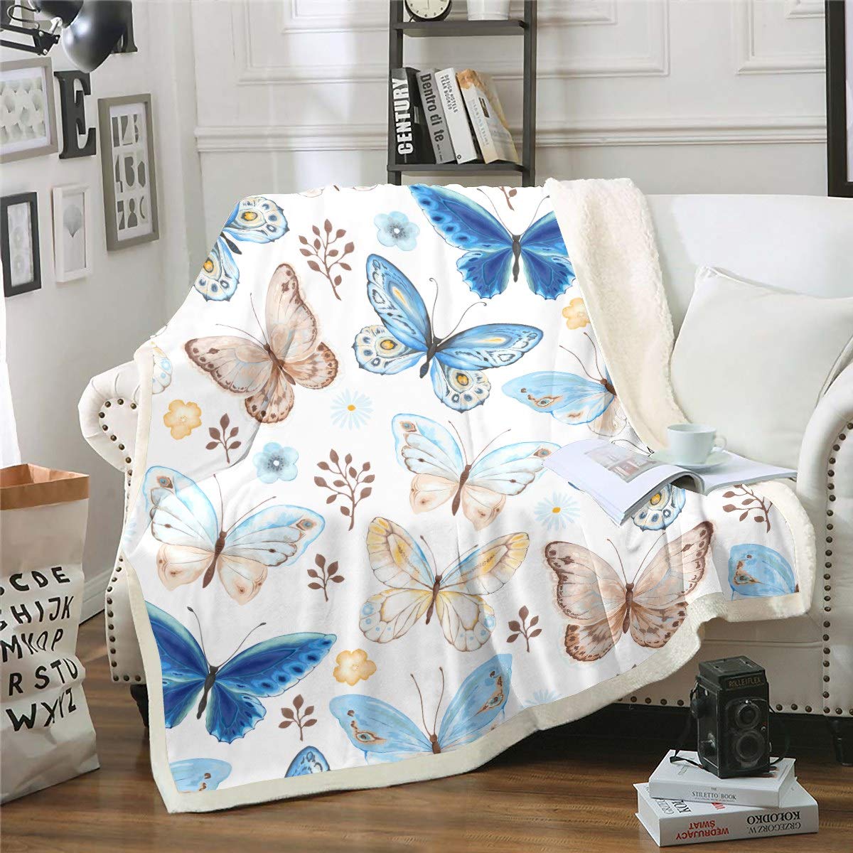 Loussiesd Butterfly Fleece Blanket Girly Butterflies Print Fuzzy Blanket for Sofa Couch Floral Flowers Print Sherpa Throw Plush Flying Insects Single 50"x60"