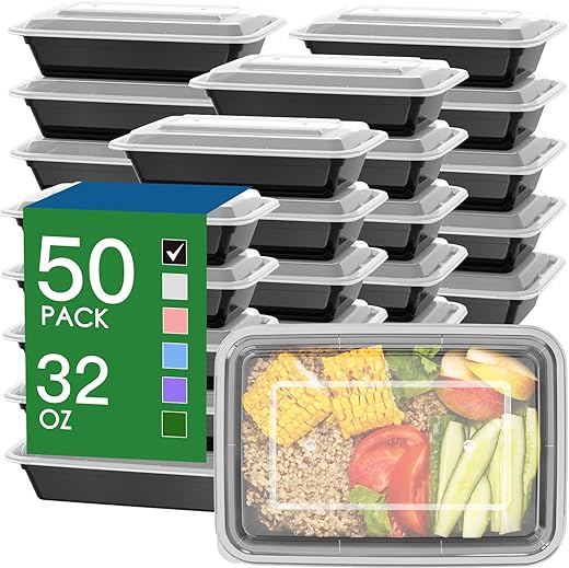 50 Pack (100-Piece) 32 oz Meal Prep Containers Reusable with Easy Open Lids, Sturdy Leakproof Food Safe, Microwave Freezer Dishwasher Safe, To Go...