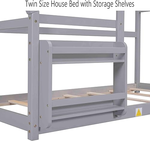 Miniatura 11 de Cama de casa individual para niños, cama infantil con estante y techo, cama individual moderna, base de cama de plataforma de madera, no necesita