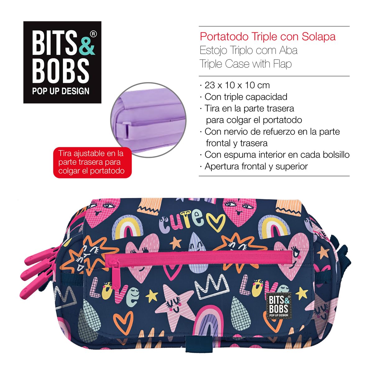 ColePack Design - Lote de Estuche Portatodo Triple con 3 Cremalleras y Material Escolar de Primeras Marcas Incluido (Cute)