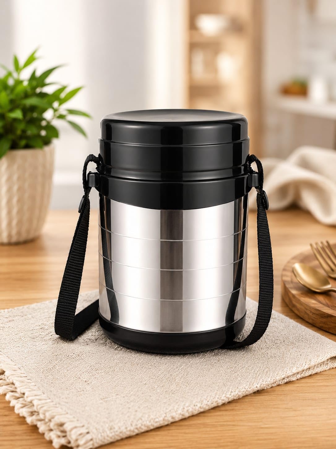 Stainless Steel Insulated Lunch Box with Carry Strap, Black | Multi-Tier Container, Leak-Proof Lid, Keeps Food Hot/Cold, Portable Design, Office & Outdoor Use-image-33