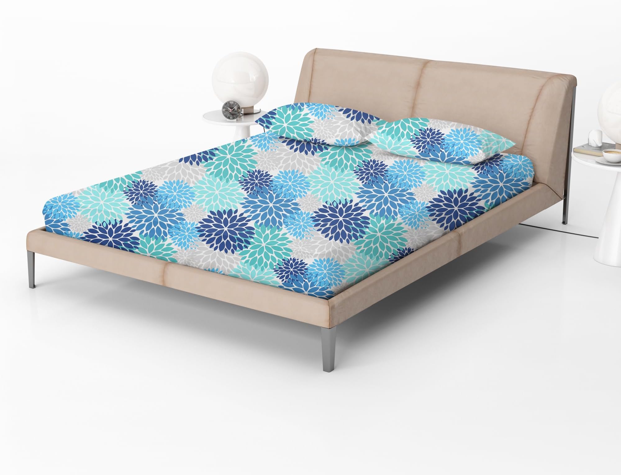 Divine Casa 100% Cotton Blue Floral Printed Double Bed Fitted Bedsheet with Elastic Closure & 2 Pillow Covers | Sky Blue & Navy Design