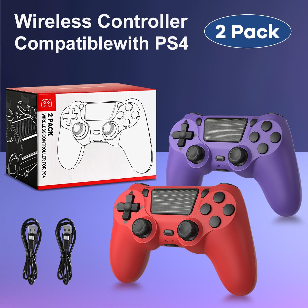 Wuthur 2 Pack Wireless Controller Compatible with PS4/Pro/Slim(Purple & Red)