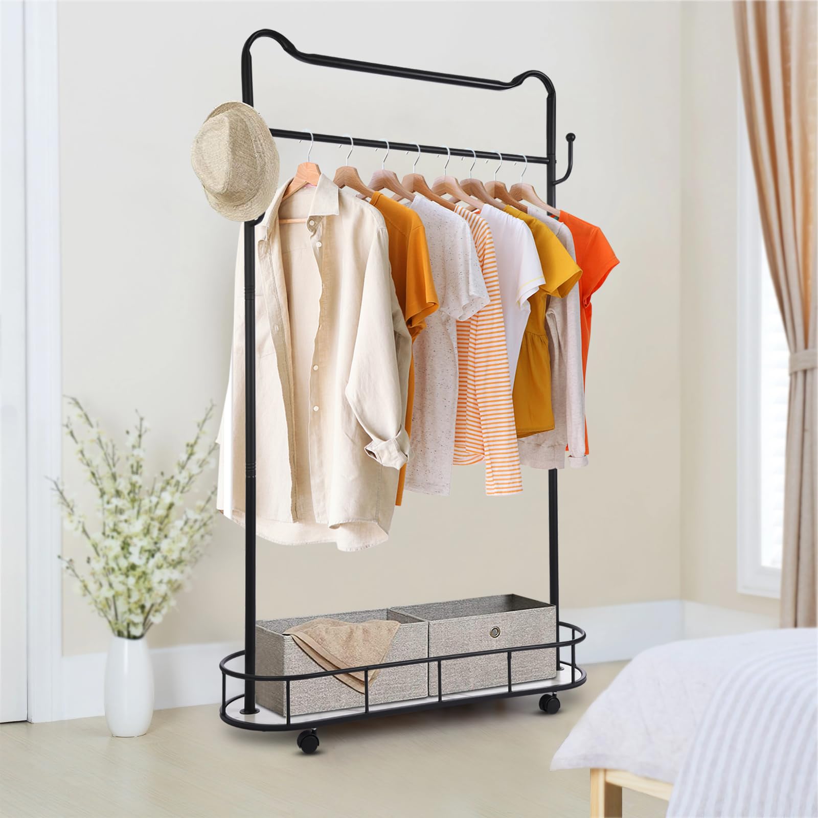 Clothes Rack,Kids Clothing Rack,Heavy Duty,Small Baby Clothes Rack with Bottom Storage Shelf,Portable Clothes Rack Freestanding Closet Garment,Movable Coat Rack,Coat Rack with Storage Basket,Black