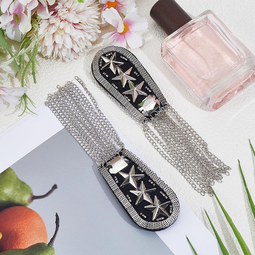 2Pcs Silver Tassels Shoulder Pads Epaulettes With Pins Fringe Epaulet Punk Vintage Iron Stars Decor Badge for Women Men Clothing Accessories Costumes Cosplay Party Jackets Suit Uniforms