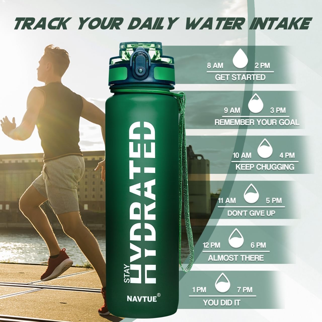 Water Bottle, 32oz Sports Water Bottles with Time Marker Wide Mouth, Motivational and Leakproof Drink Bottle, BPA Free Tritan with Carry Strap for Gym Fitness Outdoor (1 Bottle) - Image 2