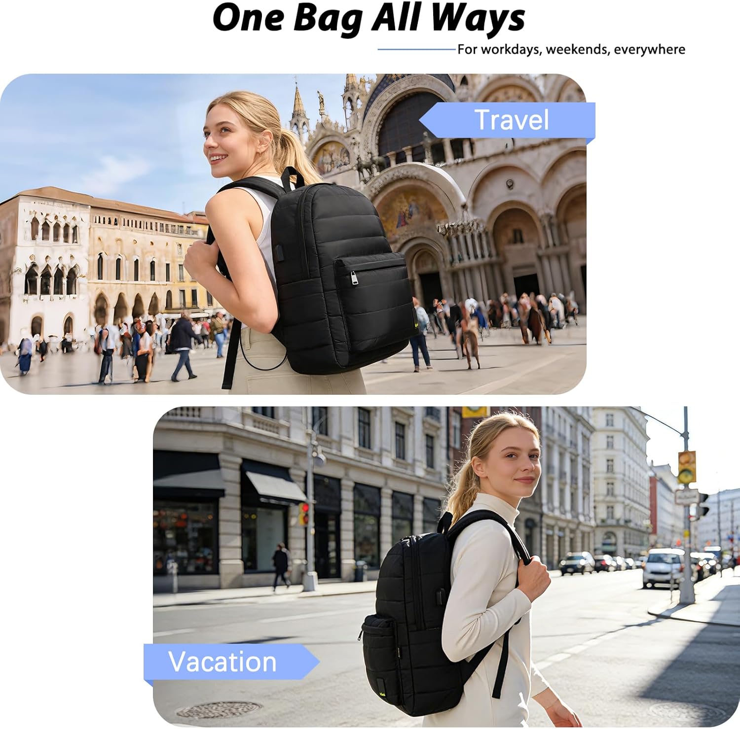 Goloni Laptop Backpack for Women,Puffy Travel Backpack with USB Charging Port,Waterproof Quilted Casual Daypack Fits 15.6 Inch Laptop,Black