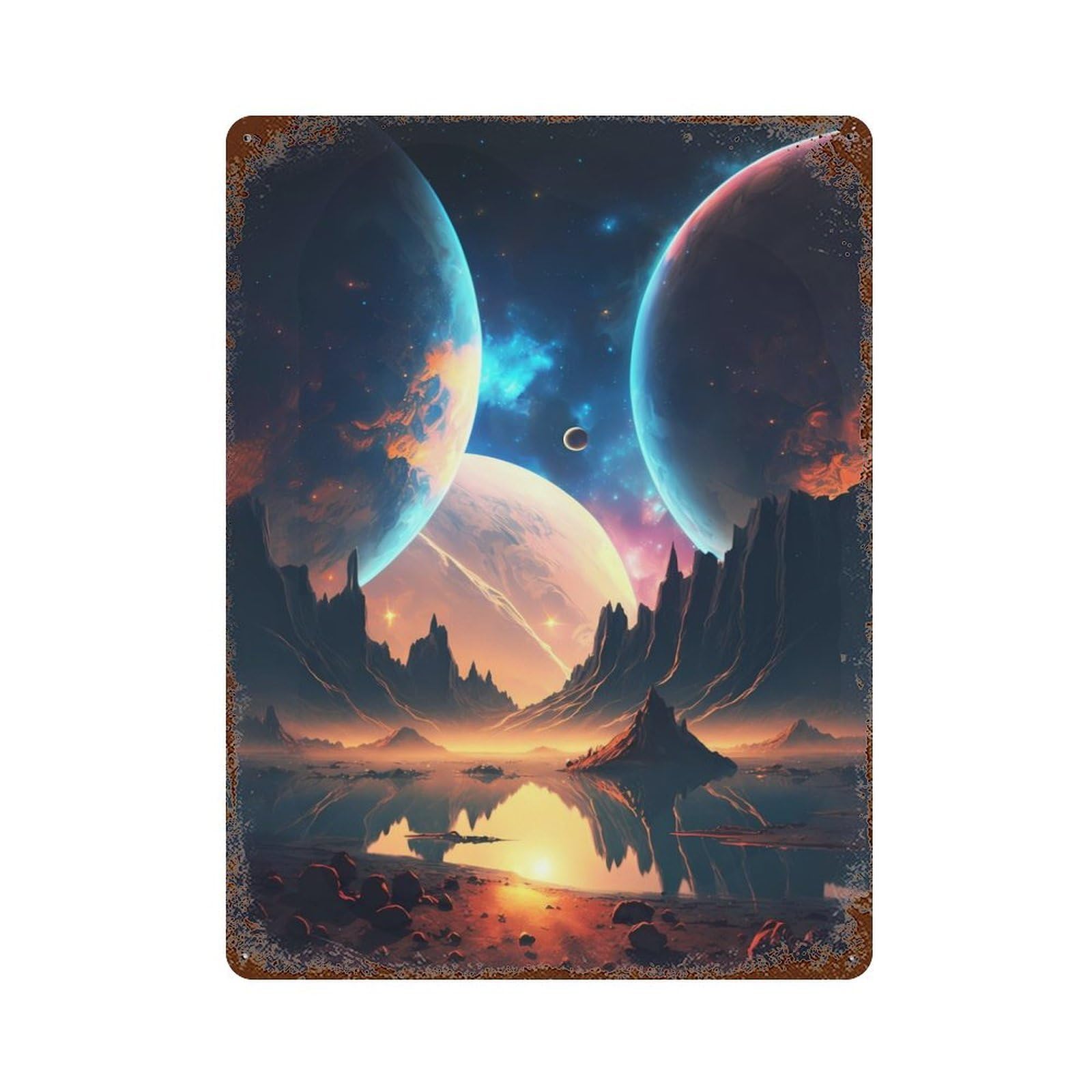 Vintage Rust Metal Sign Twin Planet Landscape 15.7"x11.8", Novelty Wall Decor for Garage, Bar And Workshop Decor