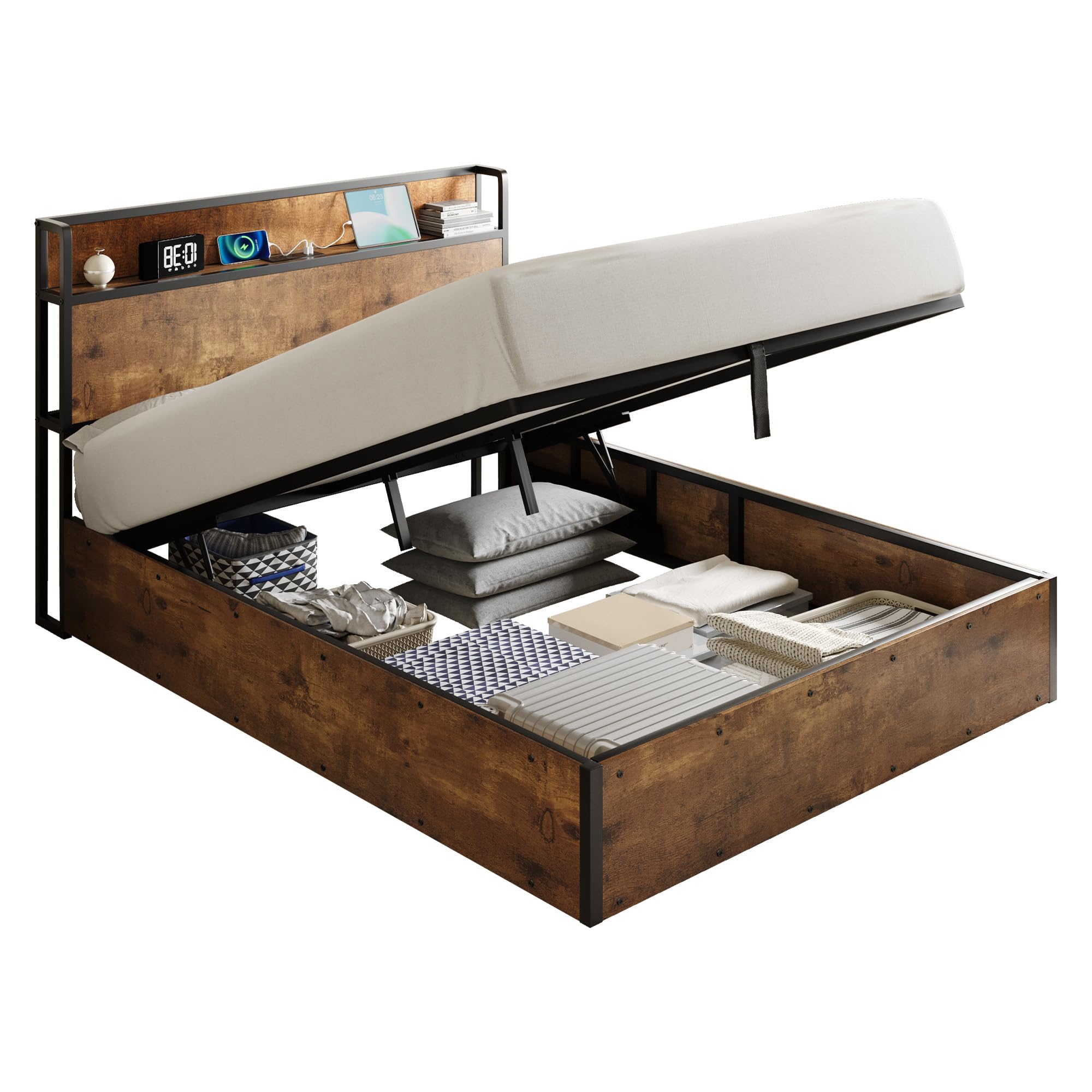 LUXOAK Bett 160x200 mit Stauraum und Hebemechanismus, Plattformbett mit Kopfteil aus Holz, Staufächern und Ladestation, Ohne Matratze (Braun, 160x200cm)