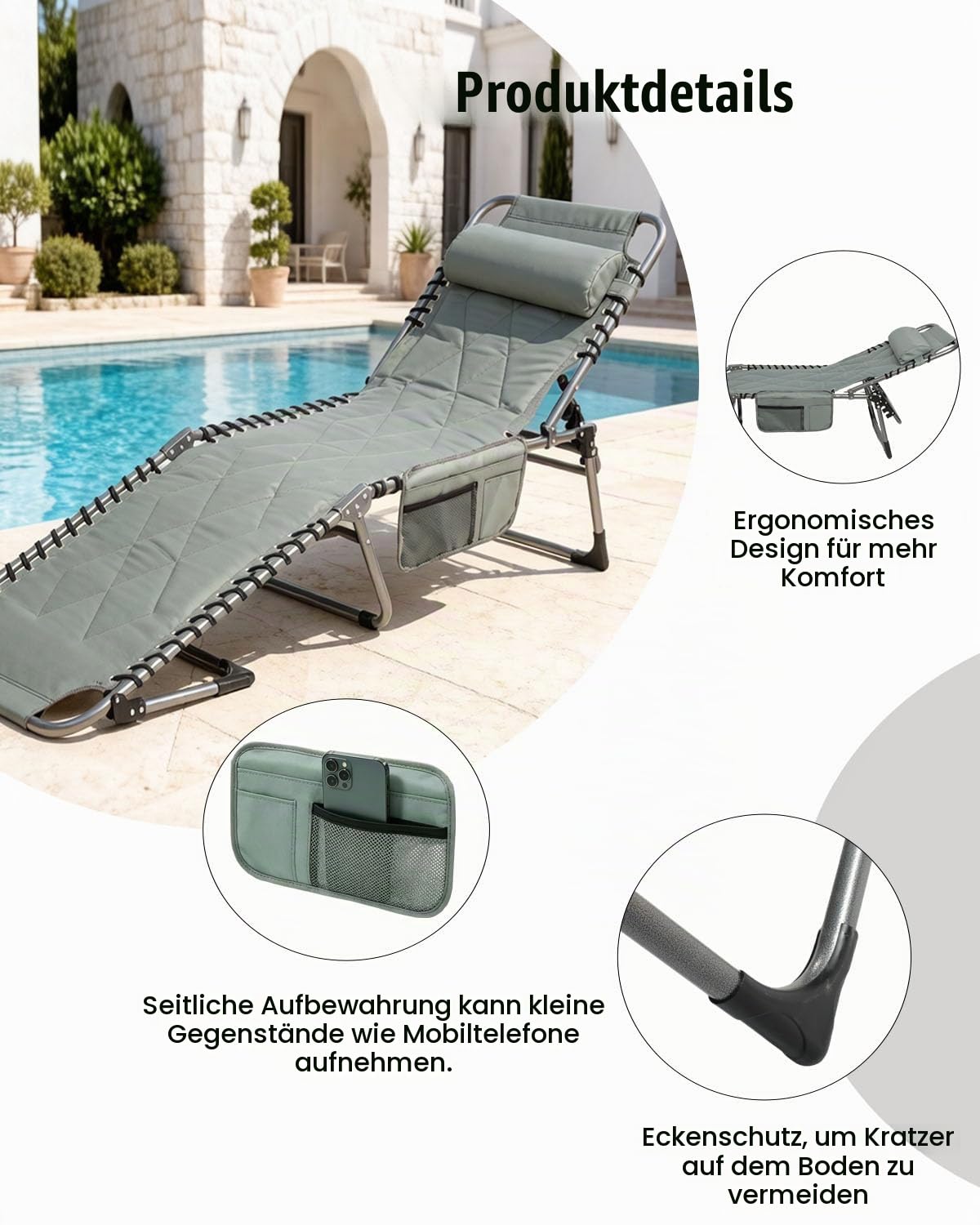 Sonnenliege klappbar 150 kg, 5-Fach verstellbare Rückenlehne Grün | Gartenliege klappbar & Sonnenliege für Garten & Camping, wetterfest, Belastbarkeit, ergonomische Kopfstütze, Seitentasche