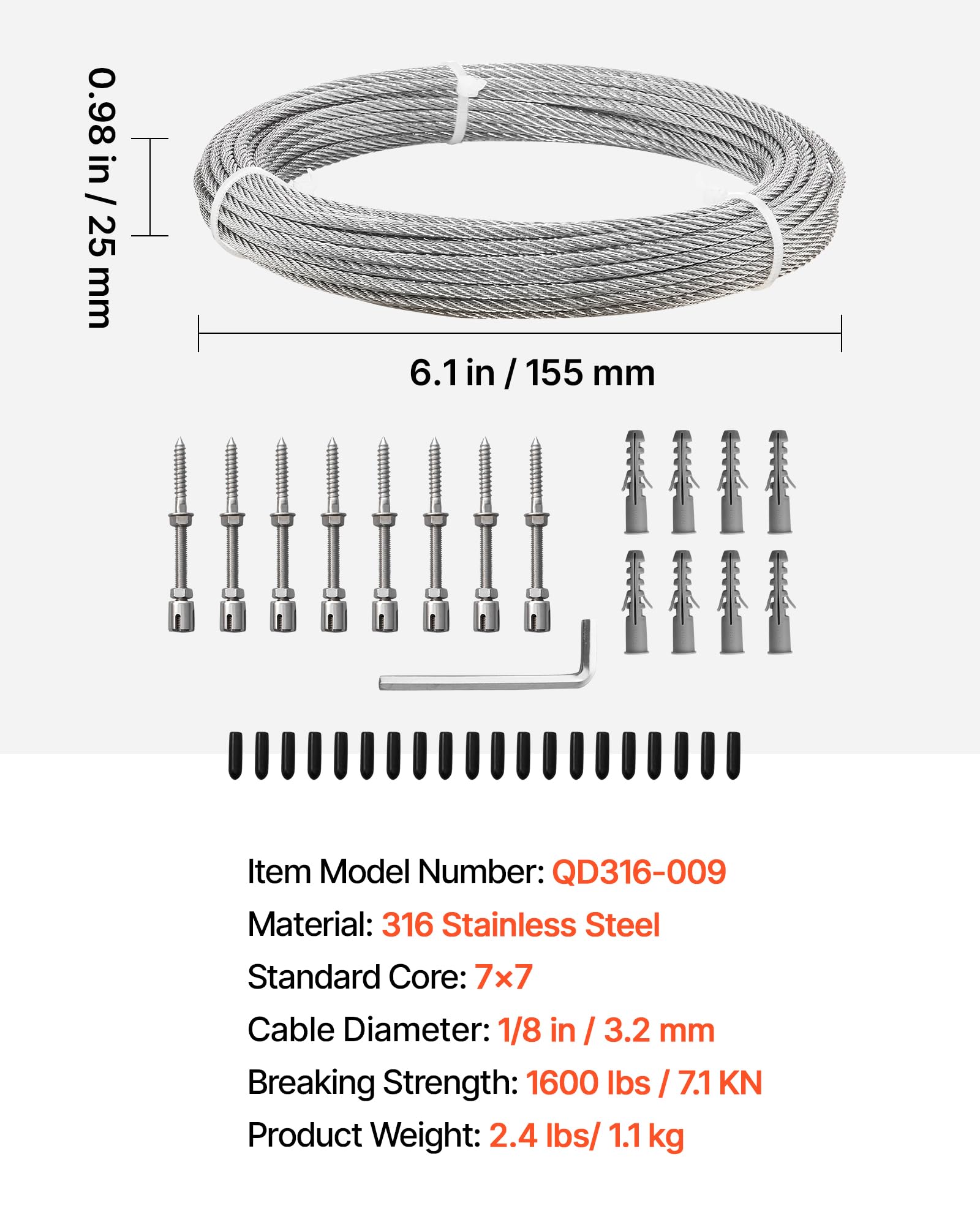 VEVOR Cable de Acero Inoxidable 316 Diámetro de 3,2 mm, Rollo de Cuerda de Alambre 12,2 m, Resistencia a la Rotura de 7,1 KN, Construcción de 7 x 7, para Barandillas de Terraza, Enrejados de Jardín
