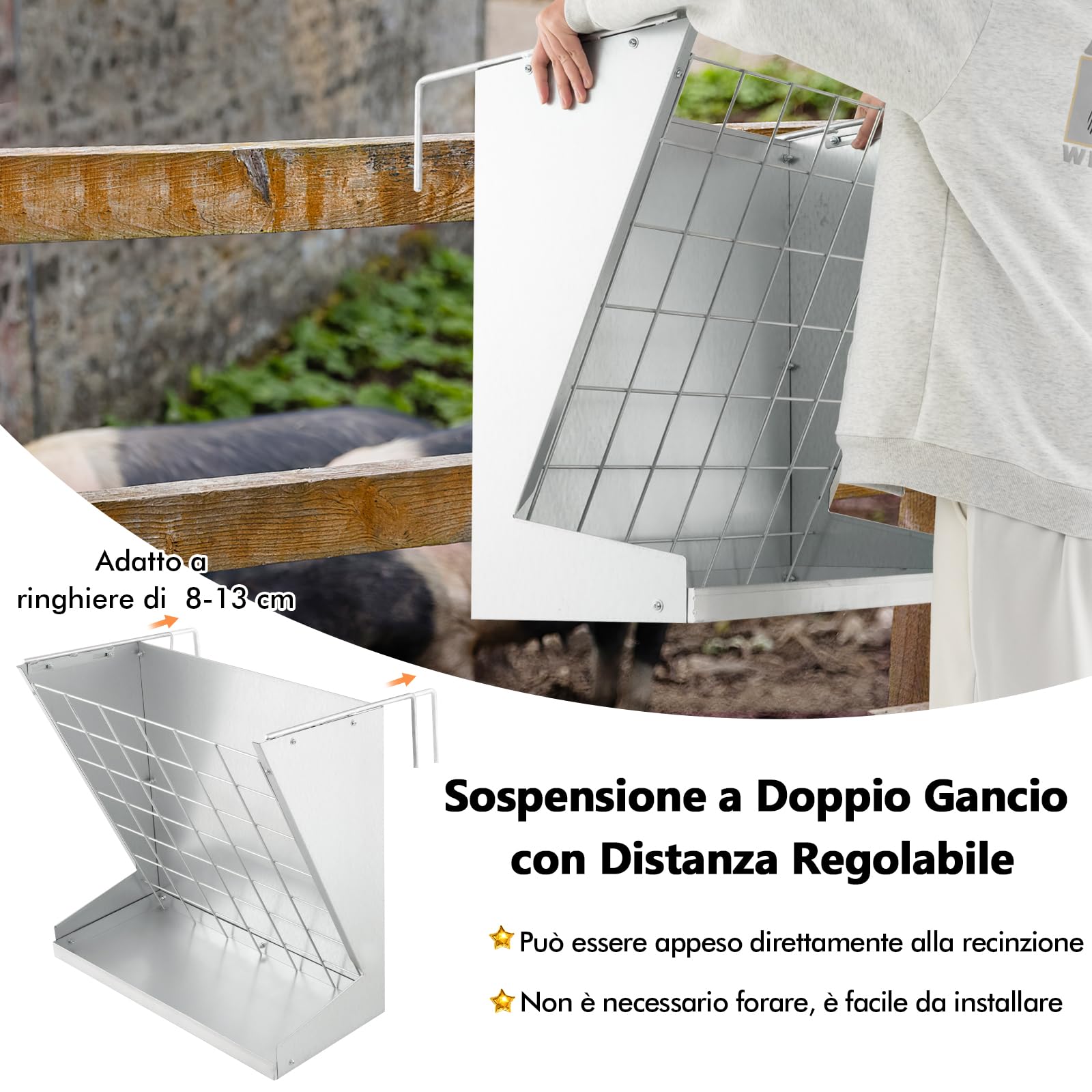 GYMAX Rastrelliera per Fieno da Parete, 2-in-1 Mangiatoia per Fieno e Grano con Ganci Doppi Regolabili, Foraggio in Metallo Zincato Pesante, Mangiatoia Sospesa per Recinto Stalla Fattoria
