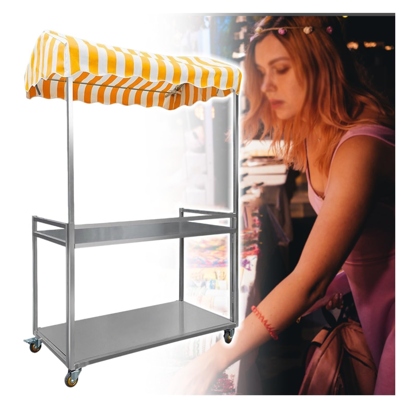 Jyhhcys Orange Foldable Street Food Vendor Cart, Mobile Metal Vendor Kiosk Stall Street Snack Cart On Wheels, Commercial Outdoor Folding Snack Cart For Street, Events(,60X120cm/23.6X47.2in)