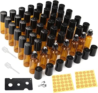 DKBT Roll On Aceites Esenciales 5ml 48pcs Marrón Botellas Rollon Cristal Rellenable Perfume Roll on con Roll-on Bola de Acero Inoxidable para Masaje,Mezclas de Aromaterapia,Botella de Laboratorio