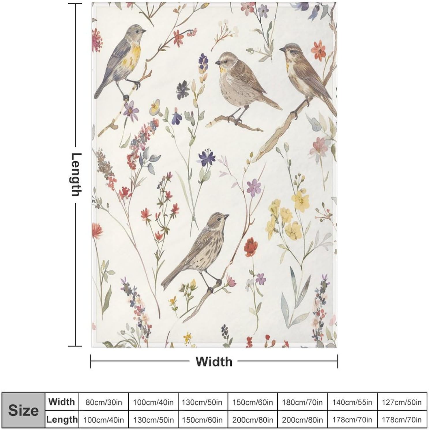Retro Rustic Floral Throw Blanket, Soft Cozy Warm Colorful Flower Grass Bird Flannel Blankets for Sofa Couch Bed, 30x40 Inch