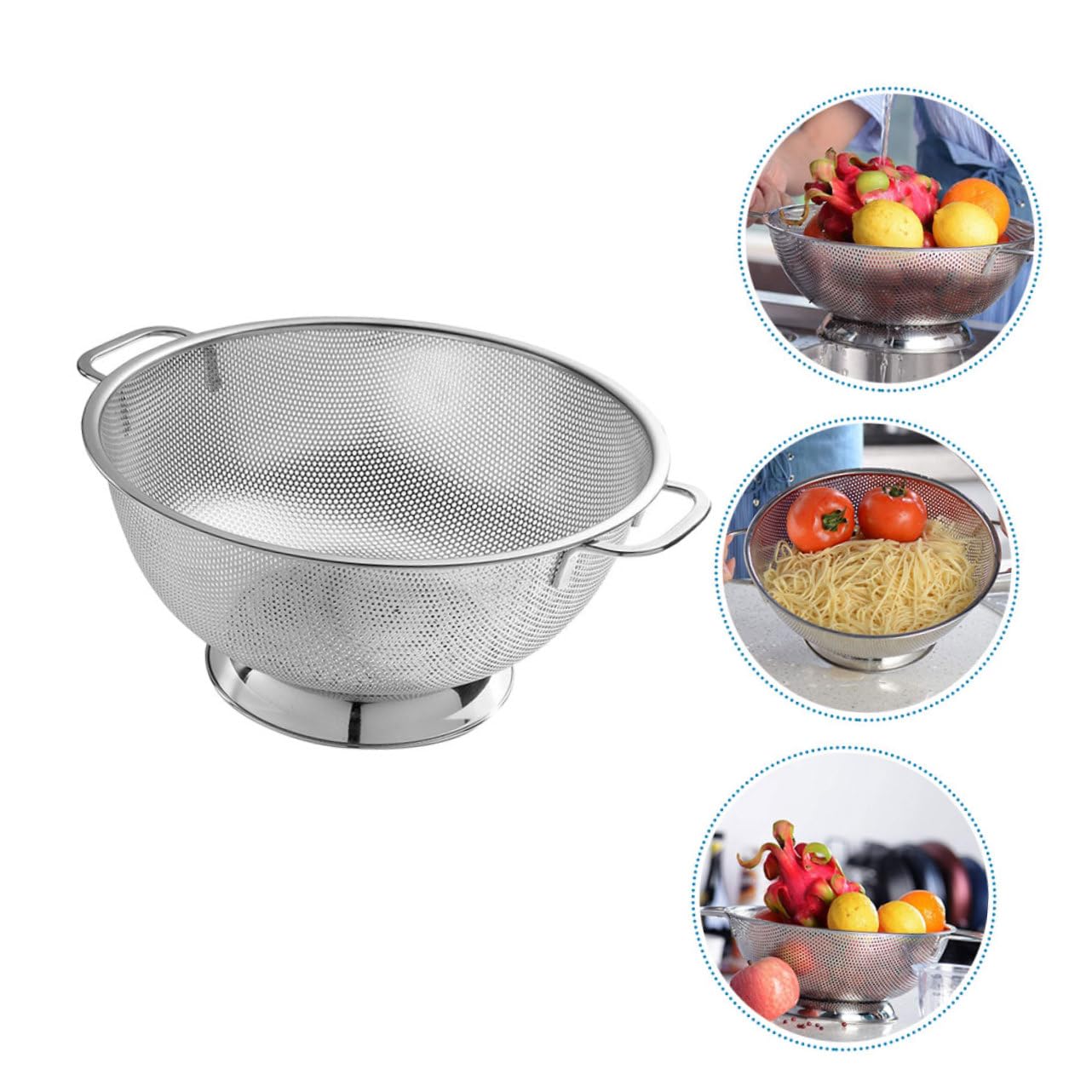 Colador de Acero Inoxidable con Asas, Malla Fina para Cocina | Plata, Doble Asa y Orificios Finos, para Enjuagar Arroz y Escurrir Alimentos